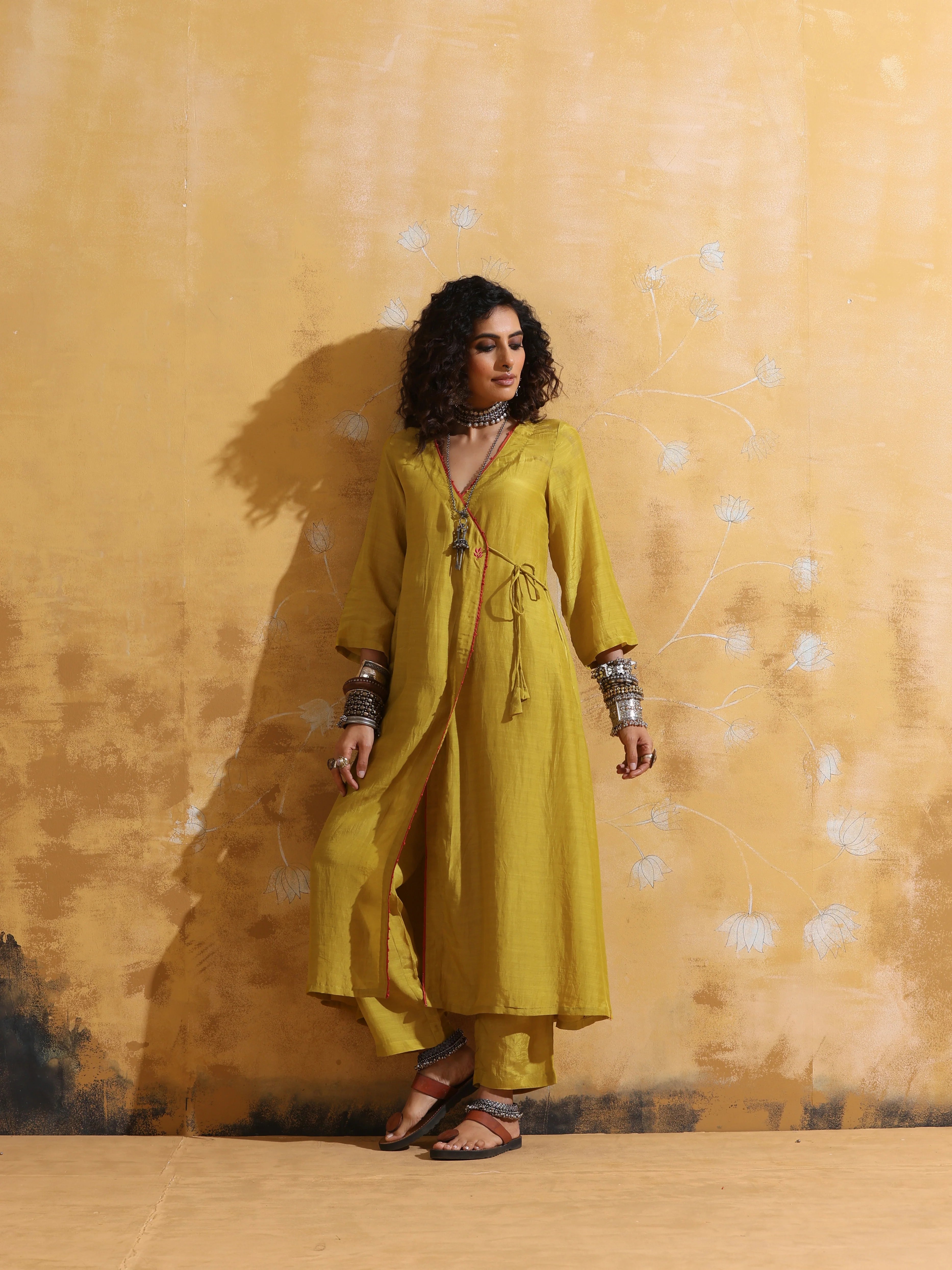 trueBrowns Lime Muslin Silk Angrakha Kurta Pant Set