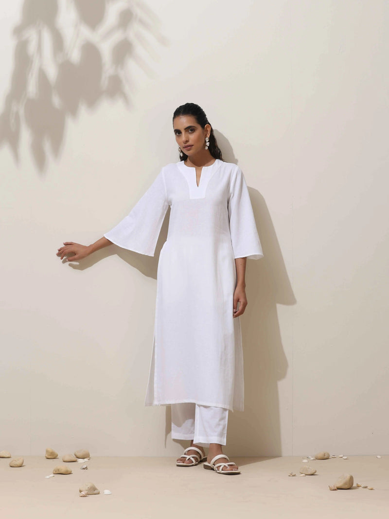 trueBrowns Off White Cotton Linen Angrakha Kurta Pant Set