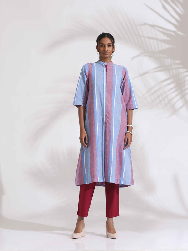 trueBrowns Blue Cotton Stripe Straight Kurta Set