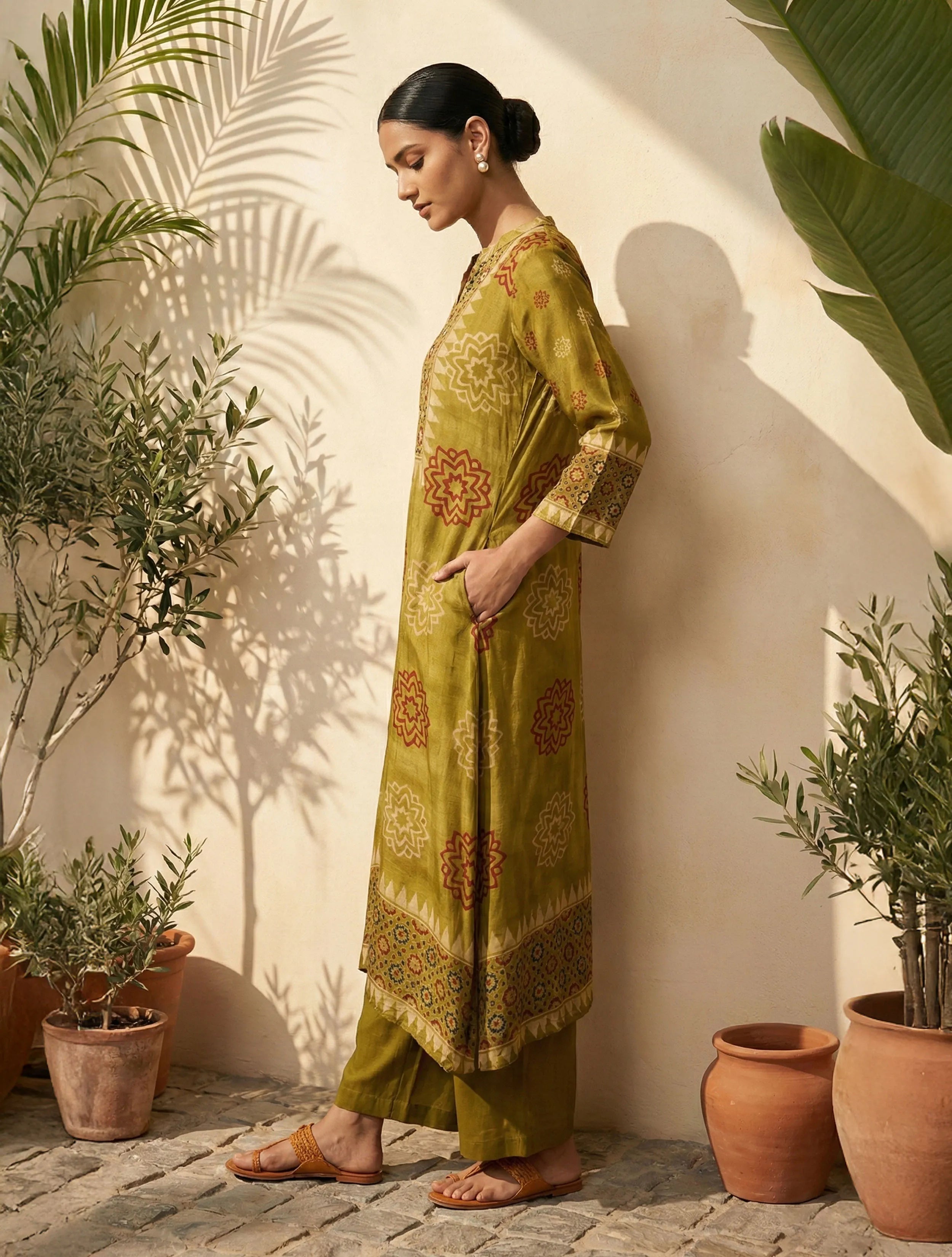 trueBrowns Pear Green Printed A-Line Kurta Pant Set