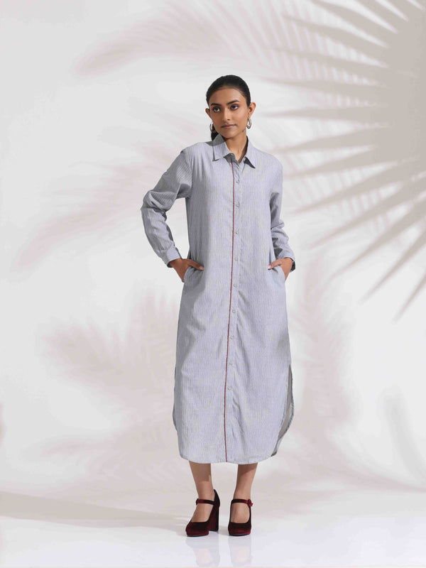 trueBrowns Grey Stripe Cotton Shirt Dress