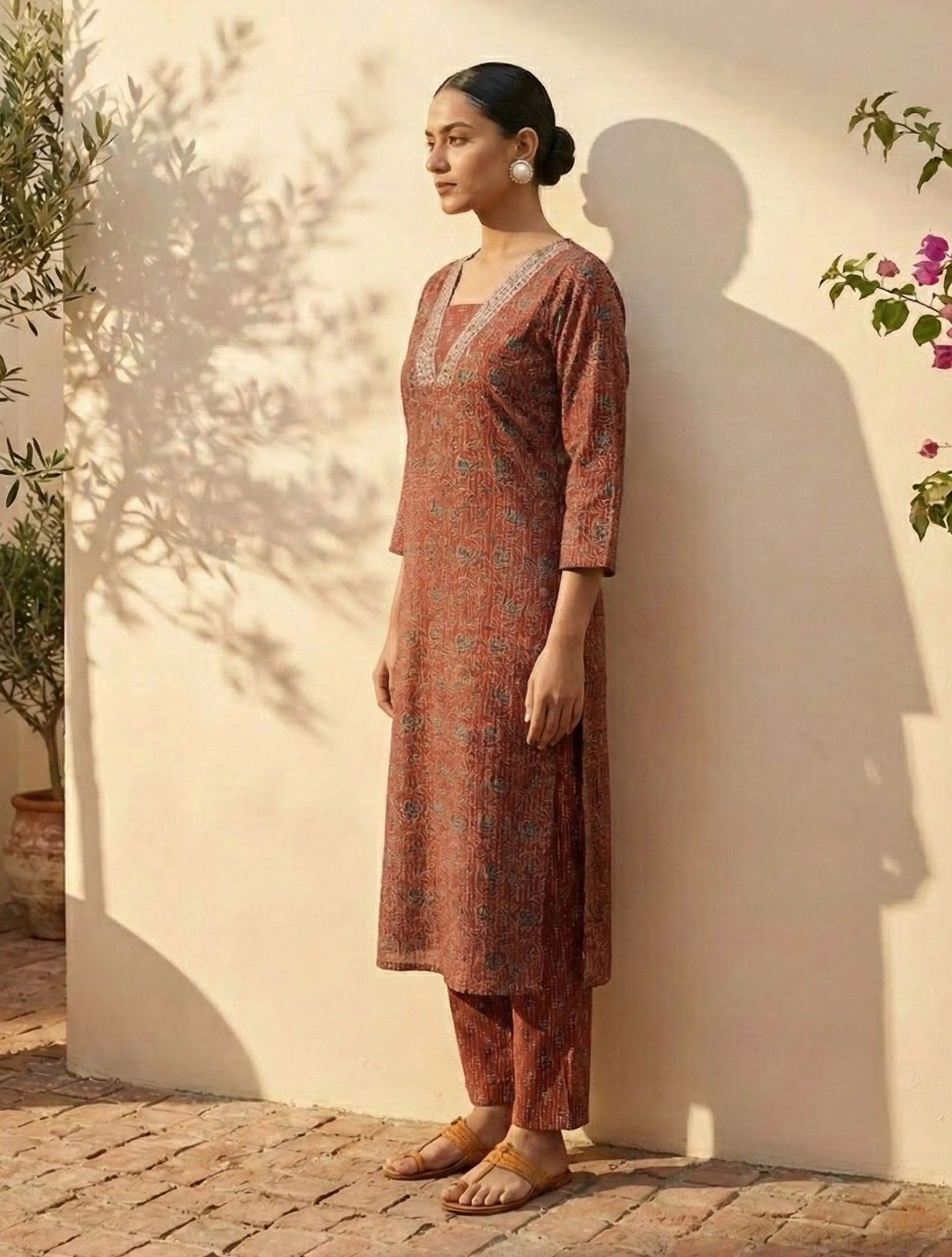 trueBrowns Maroon Floral Print Straight Kurta Pant Dupatta Set