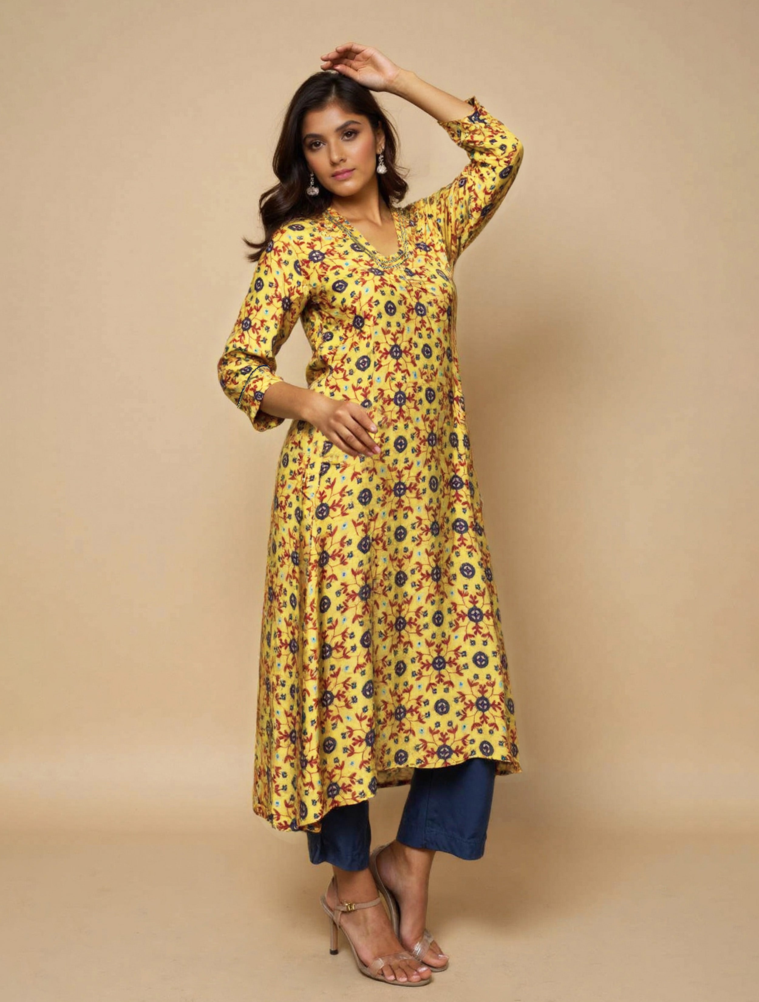 trueBrowns Lime Pink Floral Print A-line Glass Neck Kurta Set