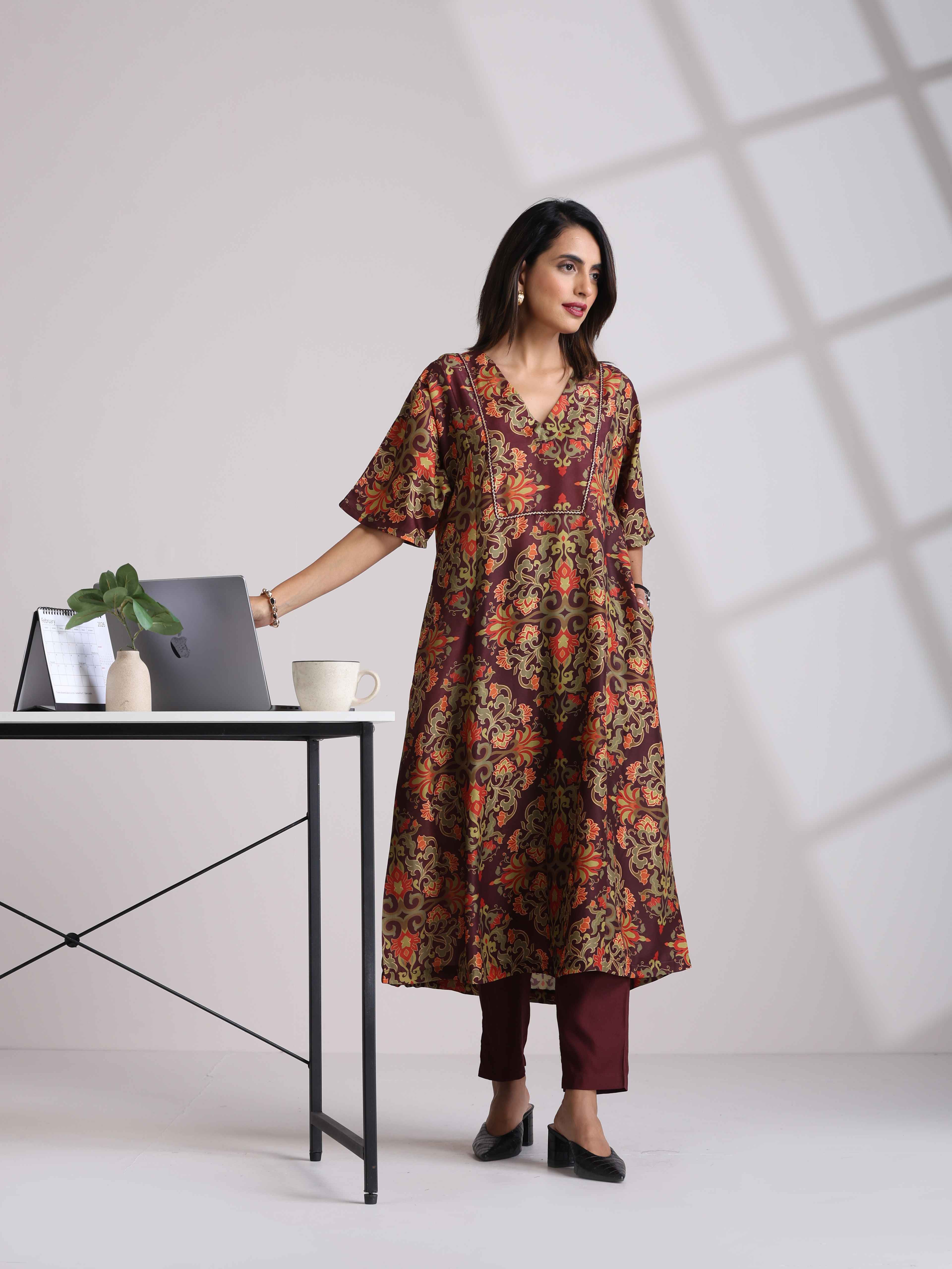trueBrowns Brown Floral Print Kaftan Kurta Set