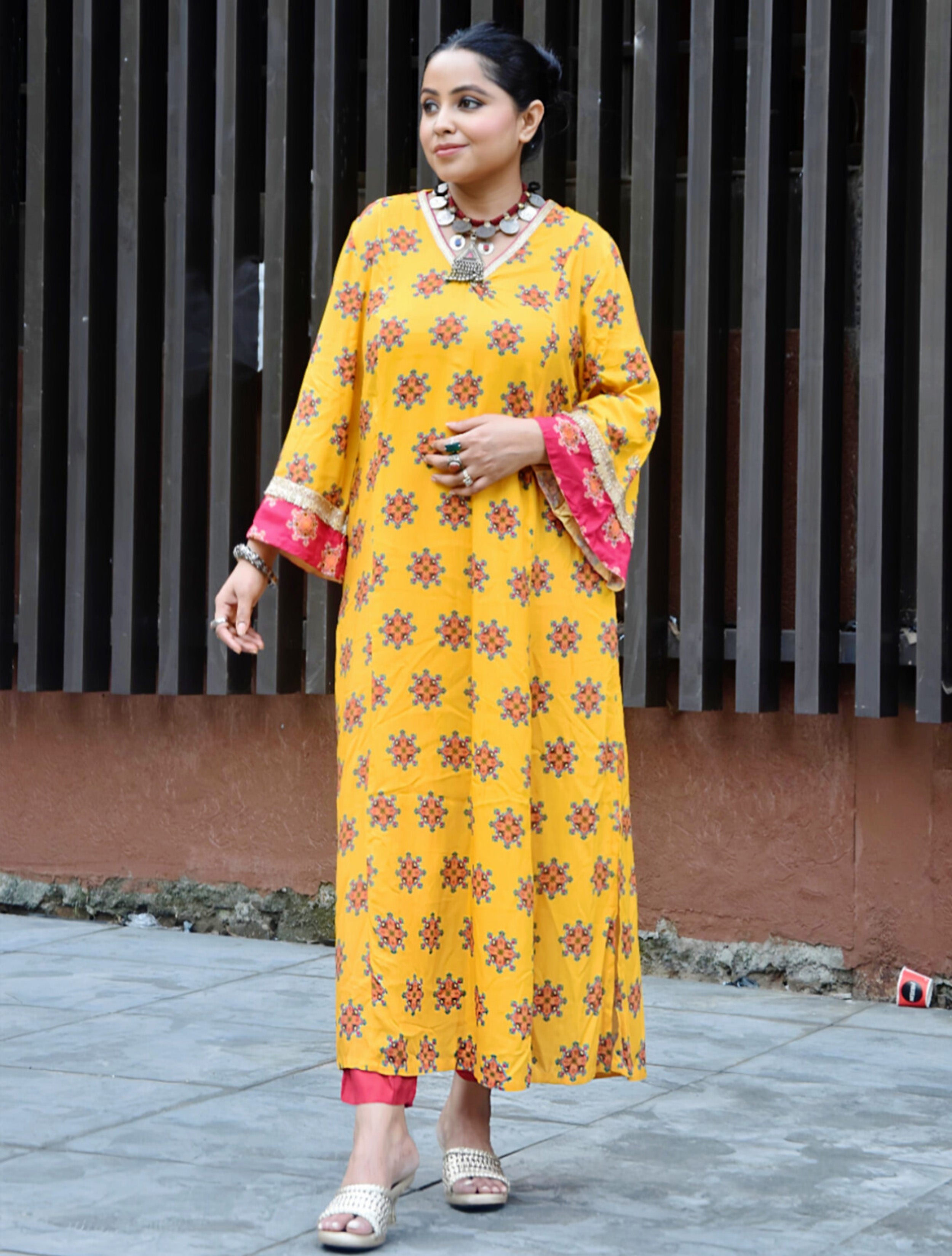 trueBrowns Yellow Boota Print Viscose A-line Kurta Set