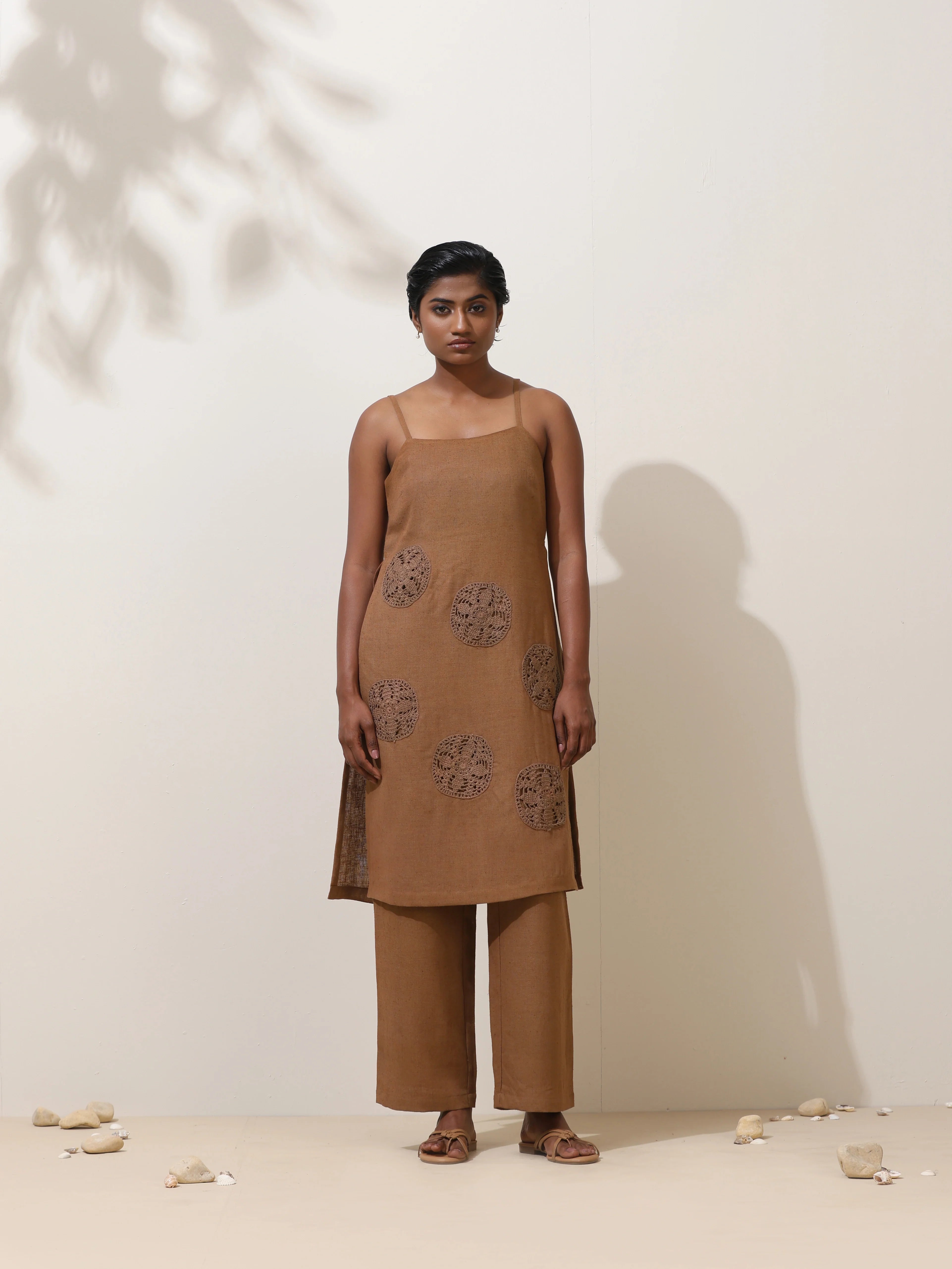 trueBrowns Kora Brown Crochet Natural Cotton Kurta Co-ord Set