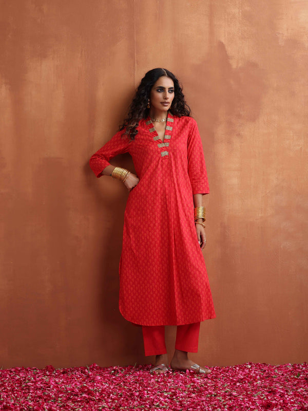 trueBrowns Red Print A-line Kurta Set