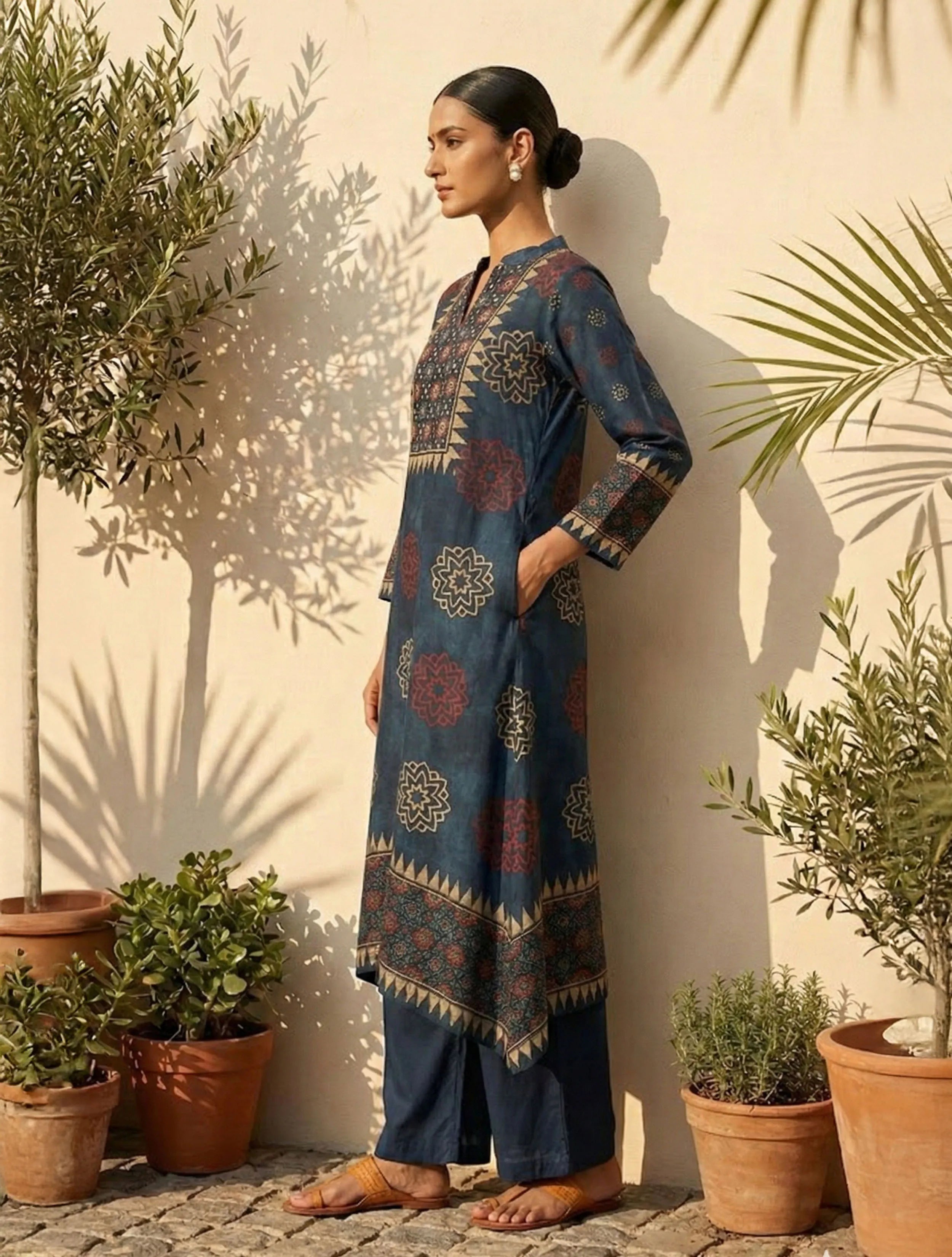 trueBrowns Blue Printed A-Line Kurta Pant Set