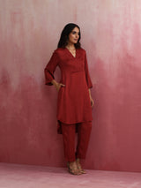 trueBrowns Maroon Modal V Neck Kurta Co-ord Set