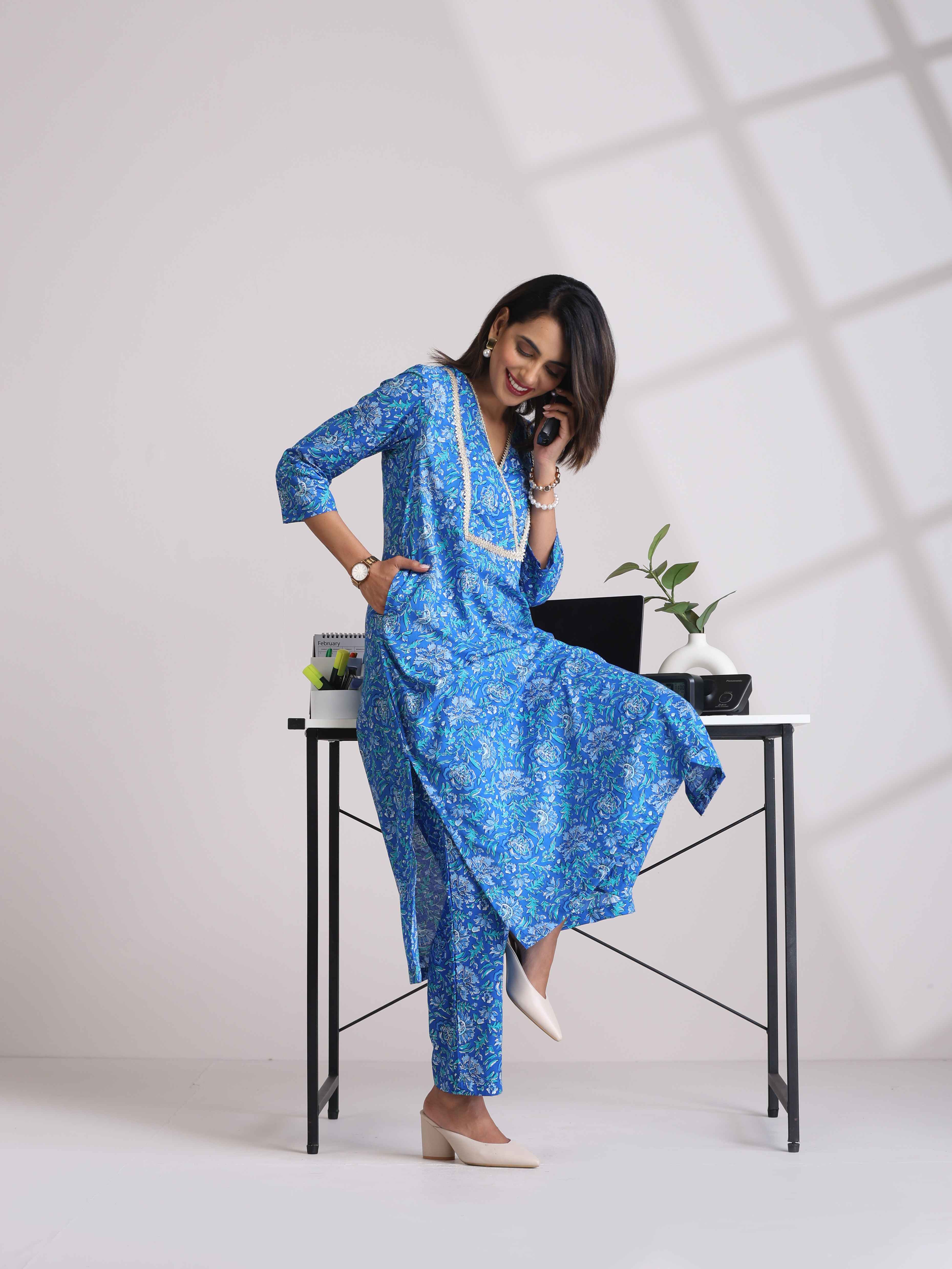 trueBrowns Blue Print Straight Kurta Set