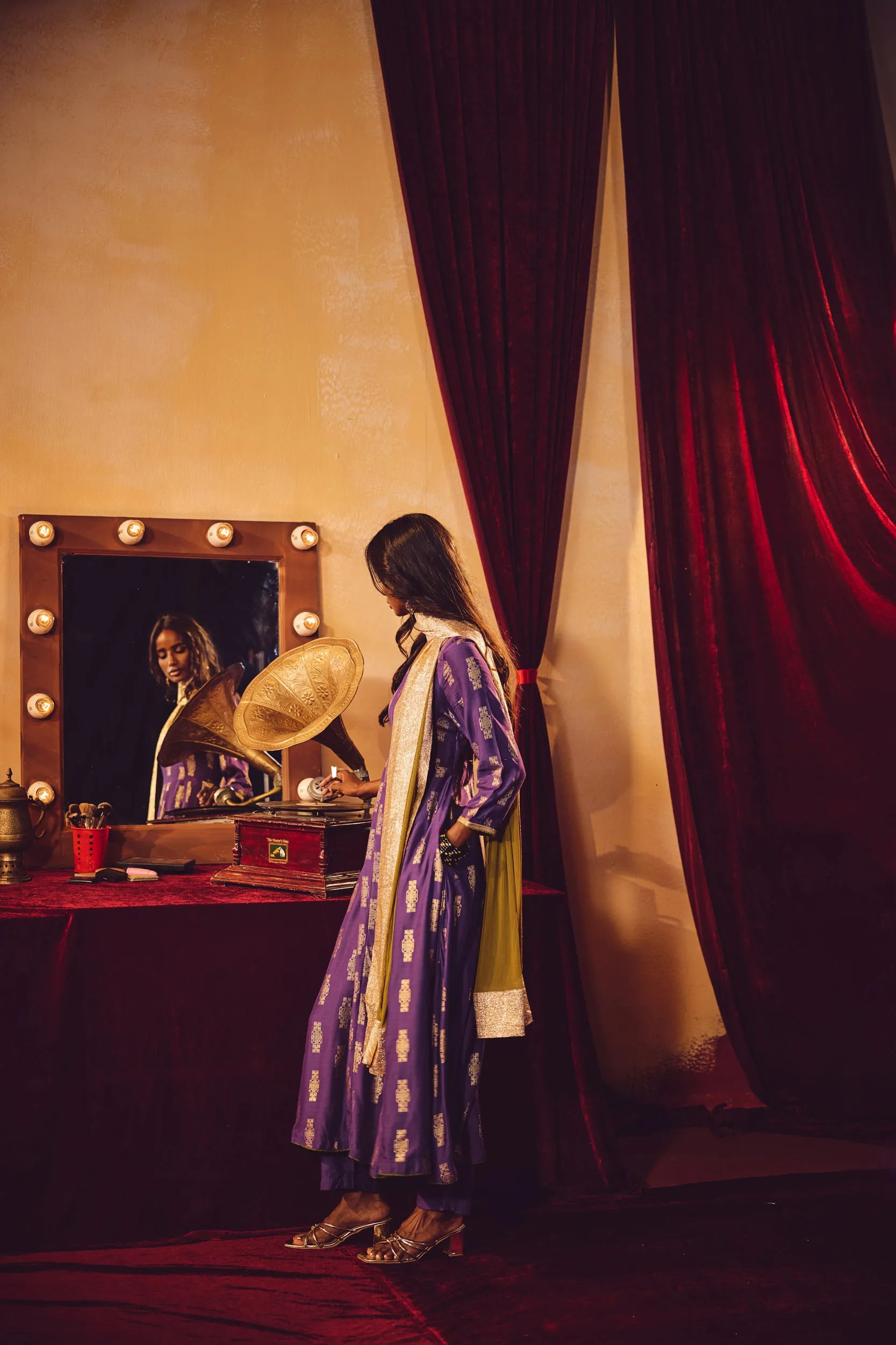 trueBrowns Purple Gold Foil Print Muslin Silk Anarkali Kurta Pants Dupatta Set