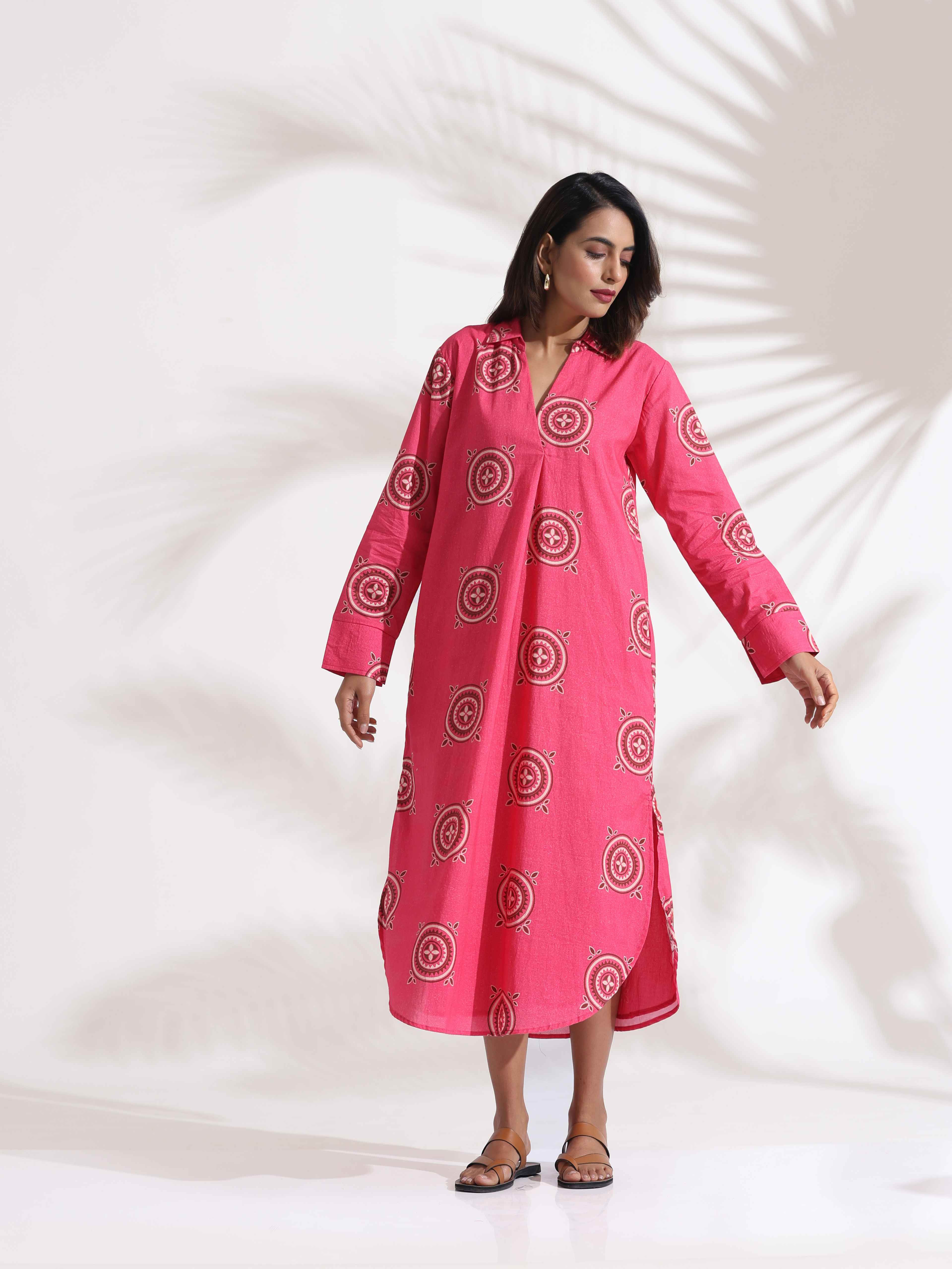 trueBrowns Pink Cotton Print A-line Dress