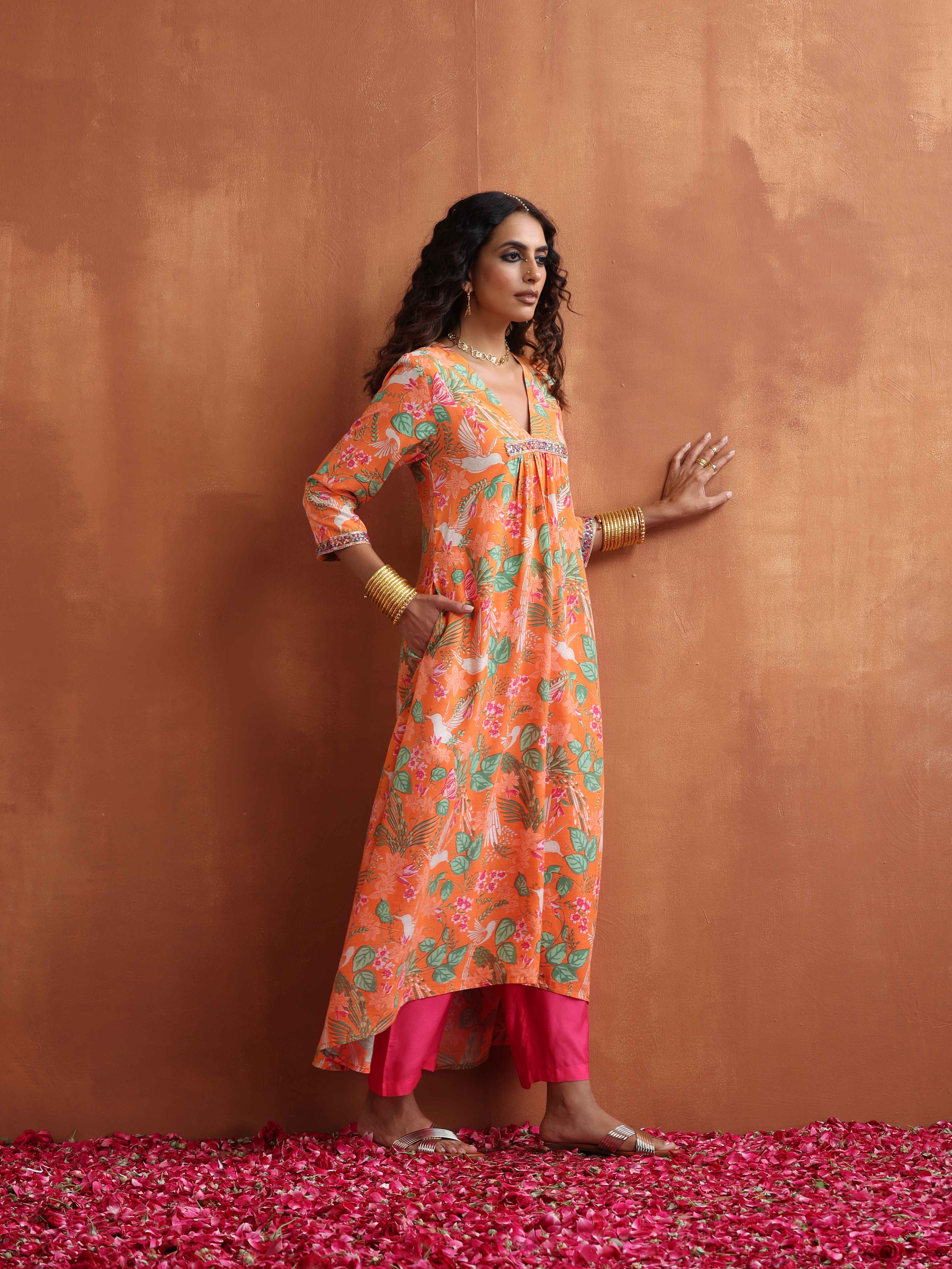 trueBrowns Orange Floral Print A-line Kurta Set