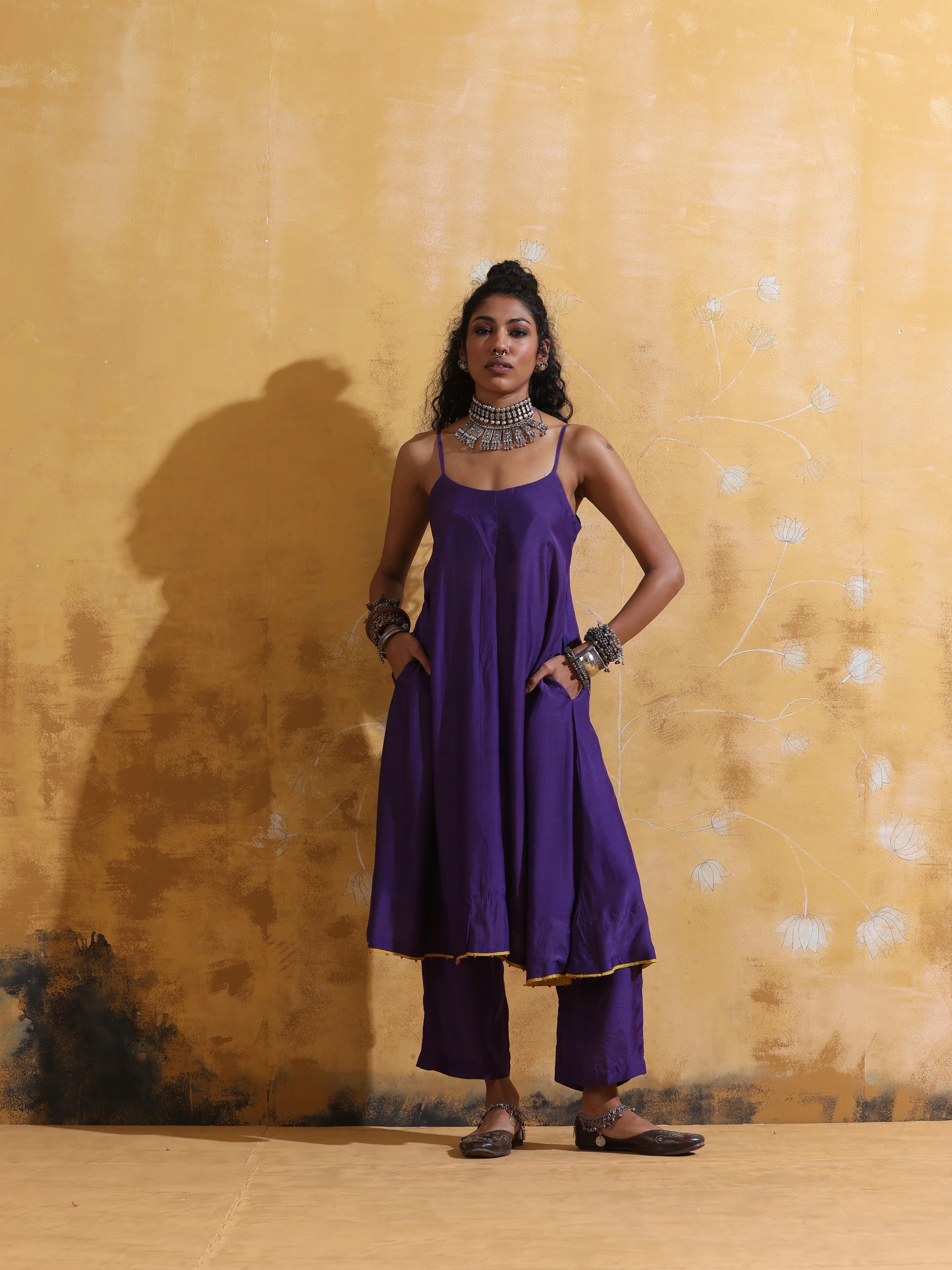 trueBrowns Purple Muslin Silk Flared Kurta Pant Set