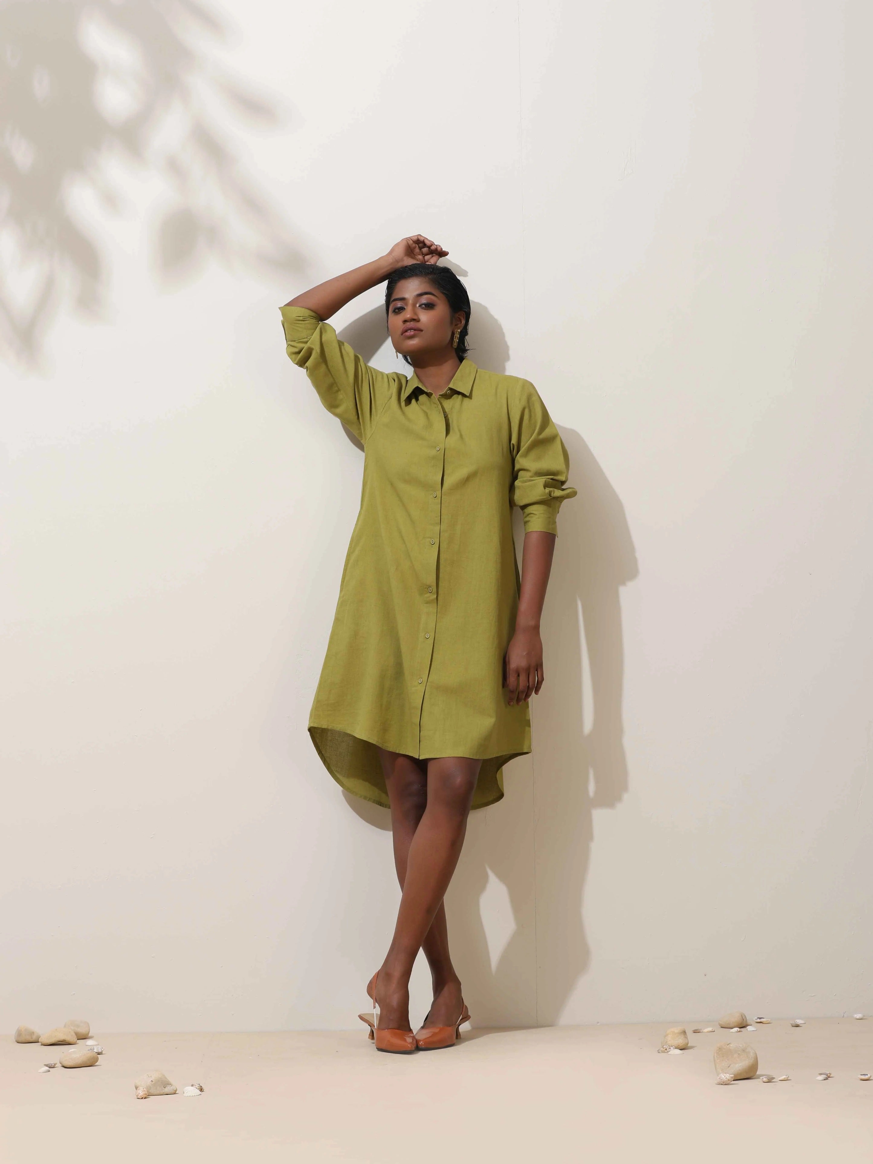 trueBrowns Pear Green Cotton Linen Dress