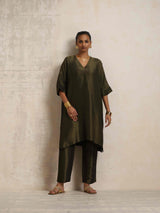 trueBrowns Olive Green Tissue Kurta Co-ord Set