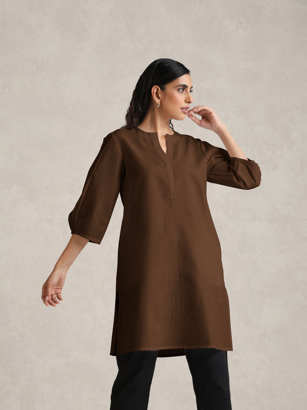 trueBrowns Brown Cotton Blend Short Kurta