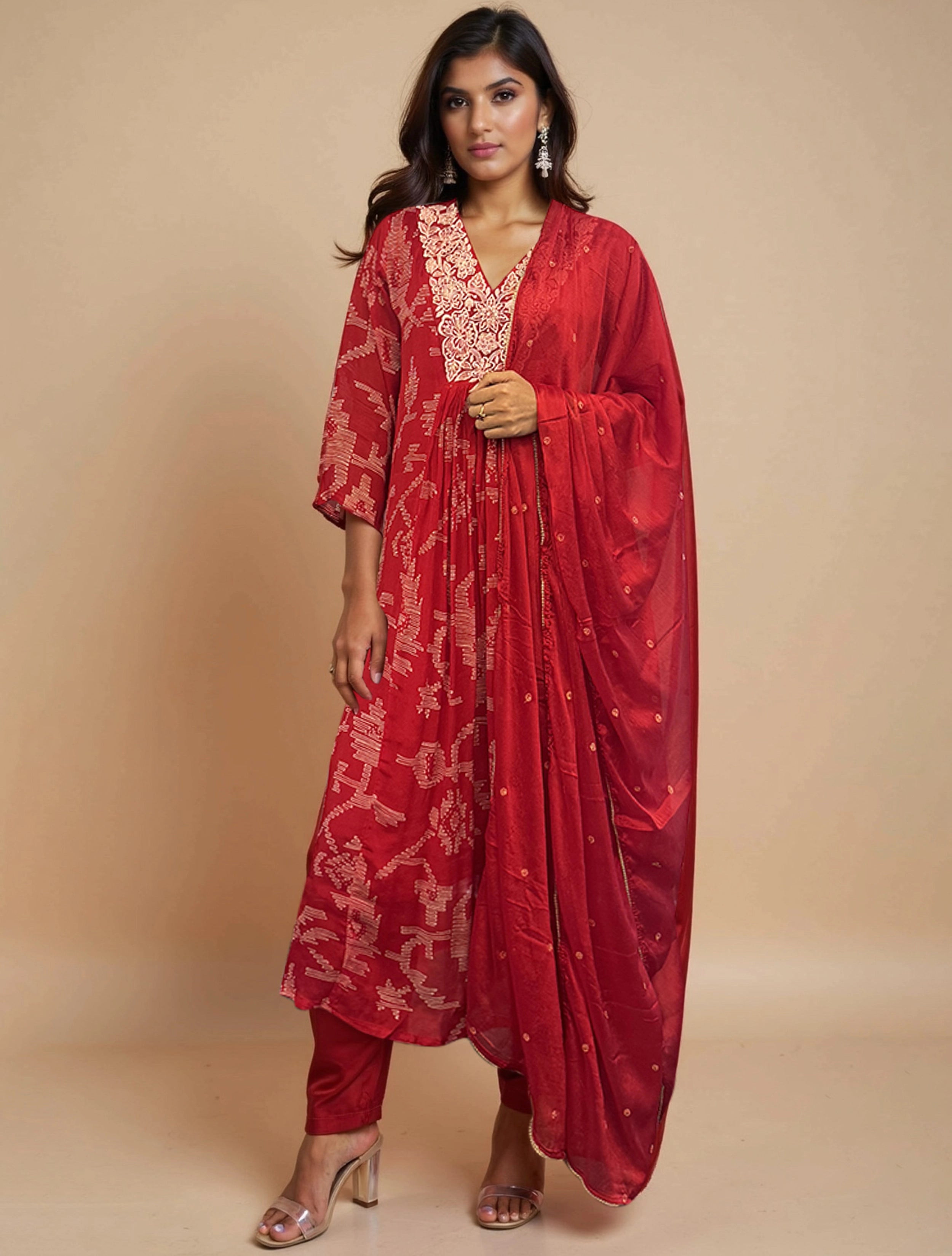 trueBrowns Red Printed A-Line Kurta Pant Dupatta Set