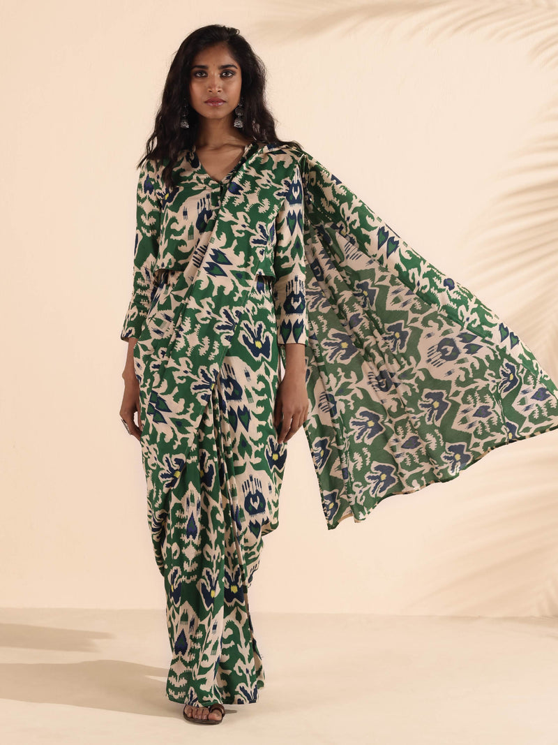 trueBrowns Green Muslin Ikat Saree