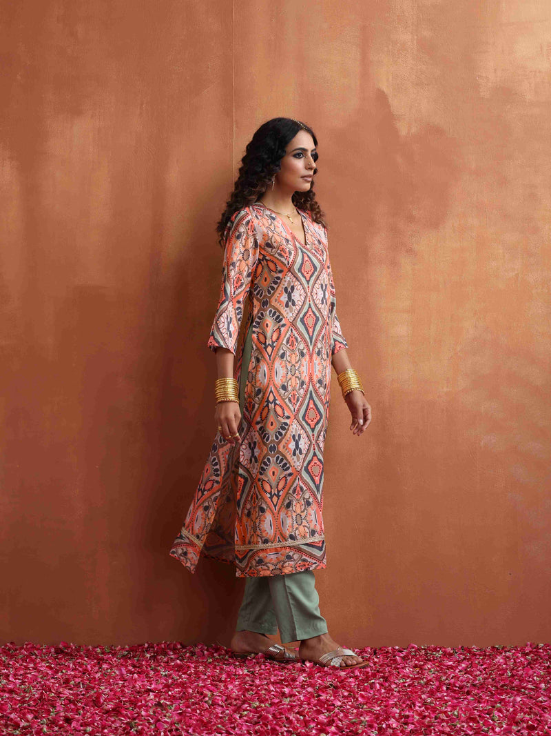 trueBrowns Beige Abstract Print Kurta Set