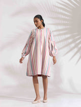 trueBrowns Off-White Cotton Multi Stripe Short Dress