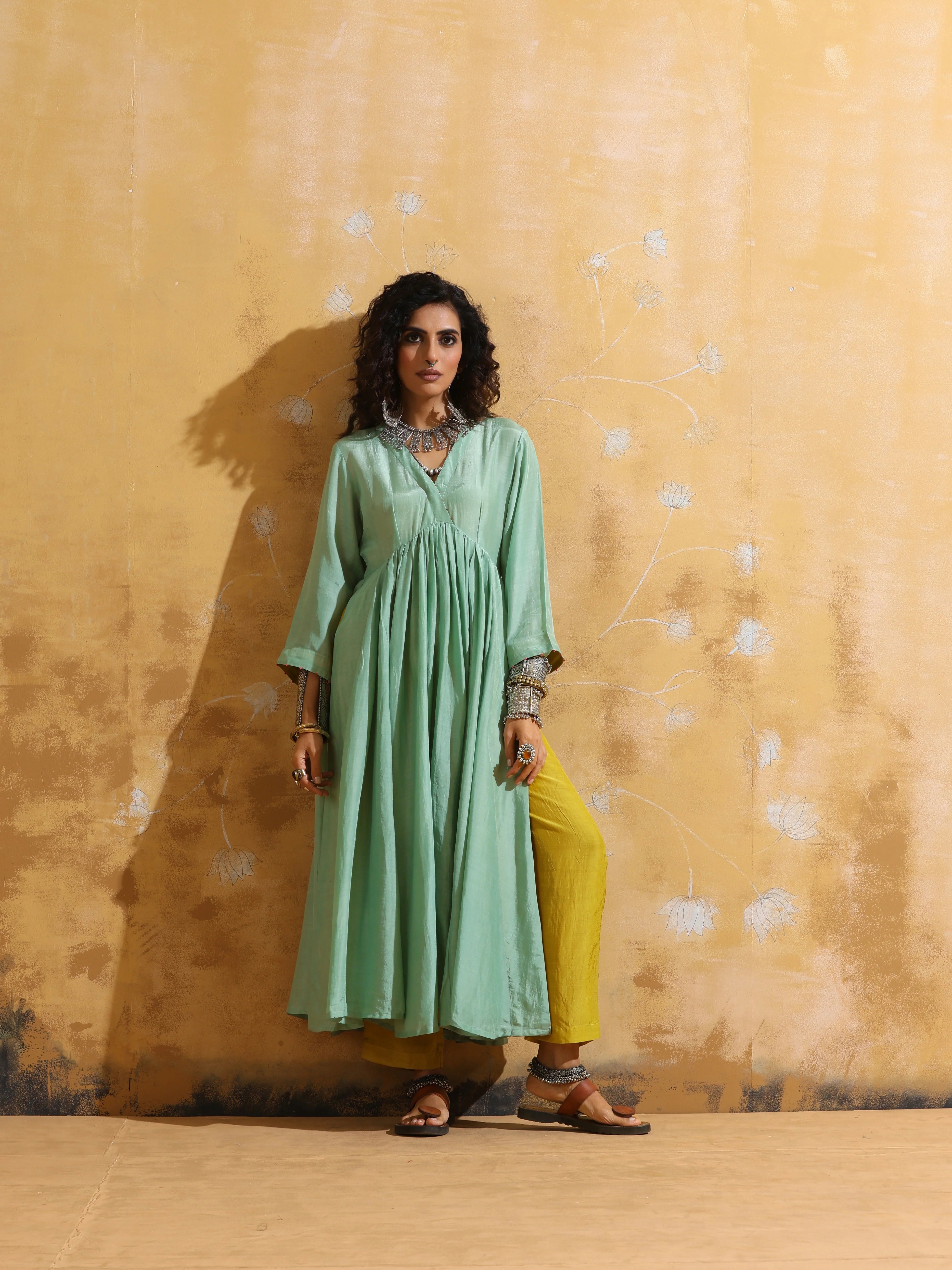 trueBrowns Mint Green Muslin Silk Anarkali Kurta Pant Set