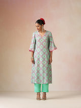 trueBrowns Mint Pink Jaal Print Viscose A-line Kurta Set