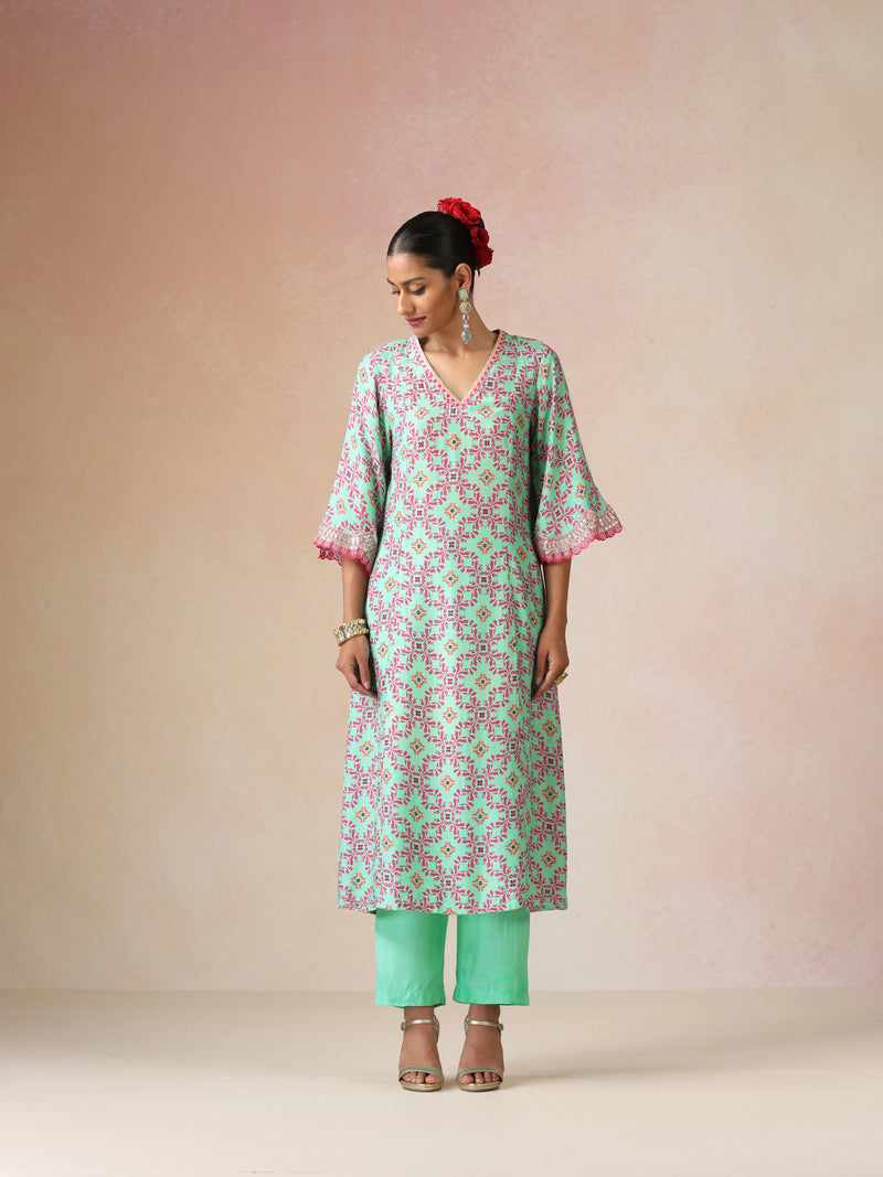trueBrowns Mint Pink Jaal Print Viscose A-line Kurta Set
