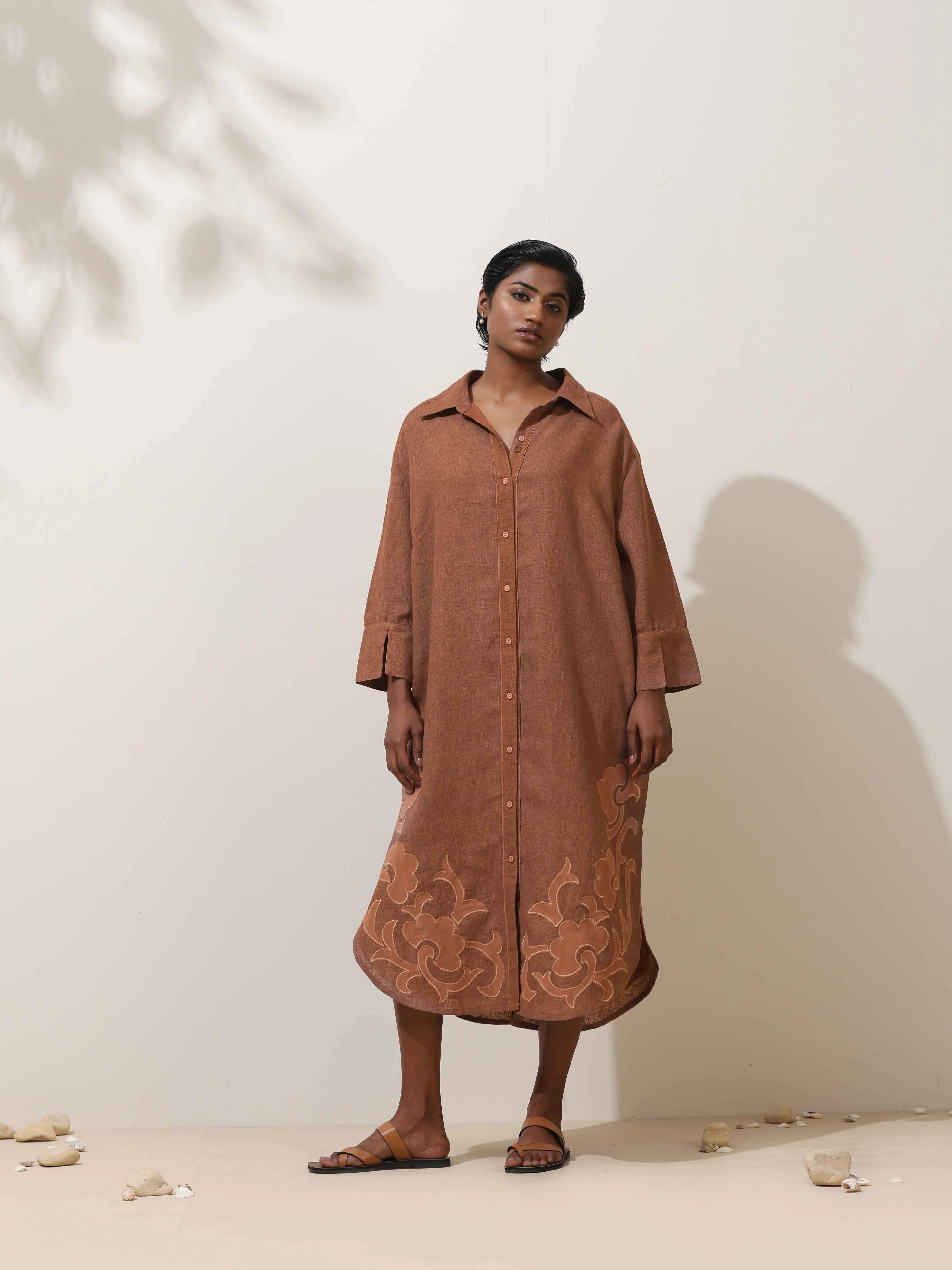 trueBrowns Sierra Brown Embroidered Natural Cotton Dress