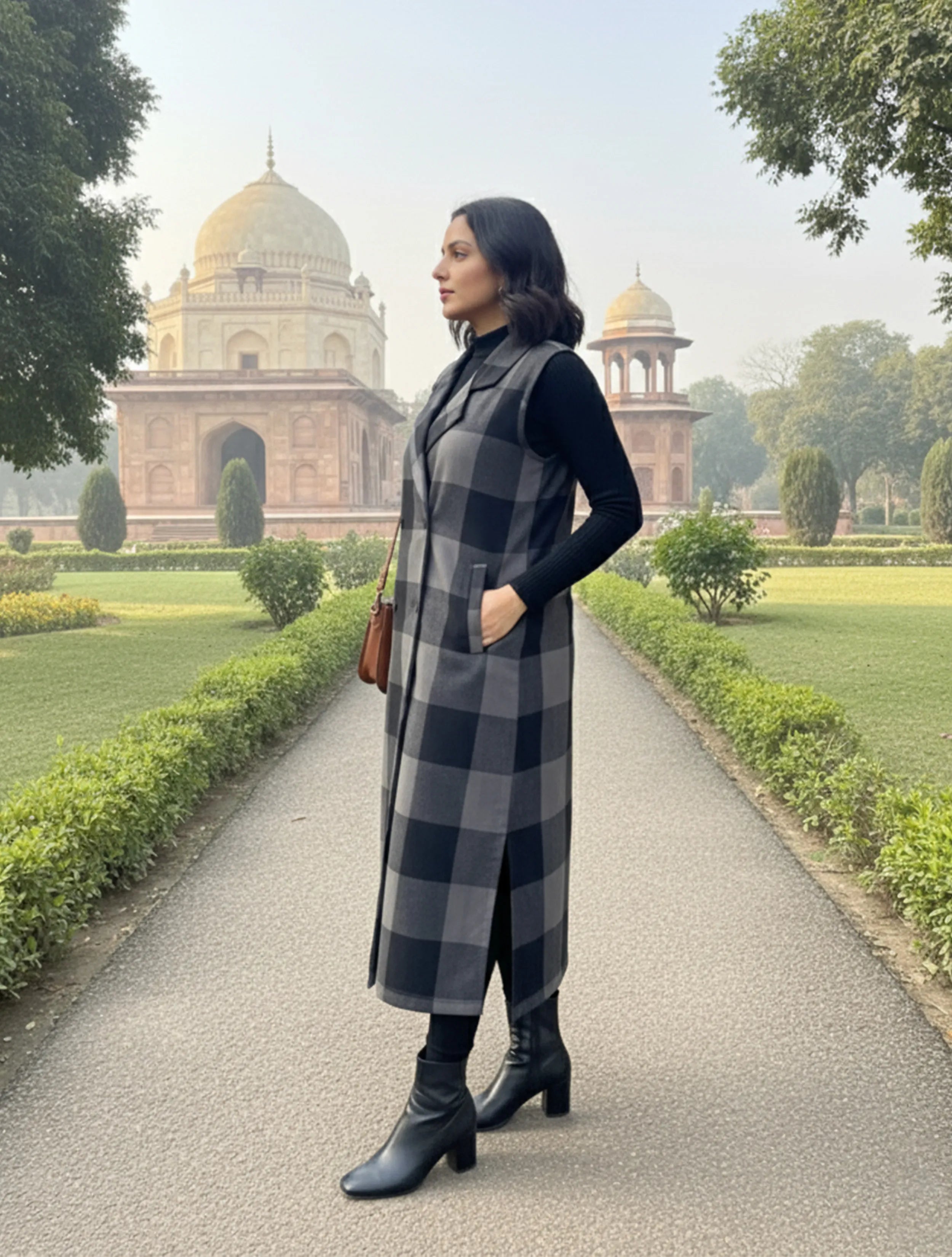 trueBrowns Black Grey Check Winter Blazer Dress