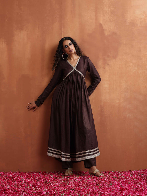 trueBrowns Brown Metallic Flared Anarkali Kurta Set