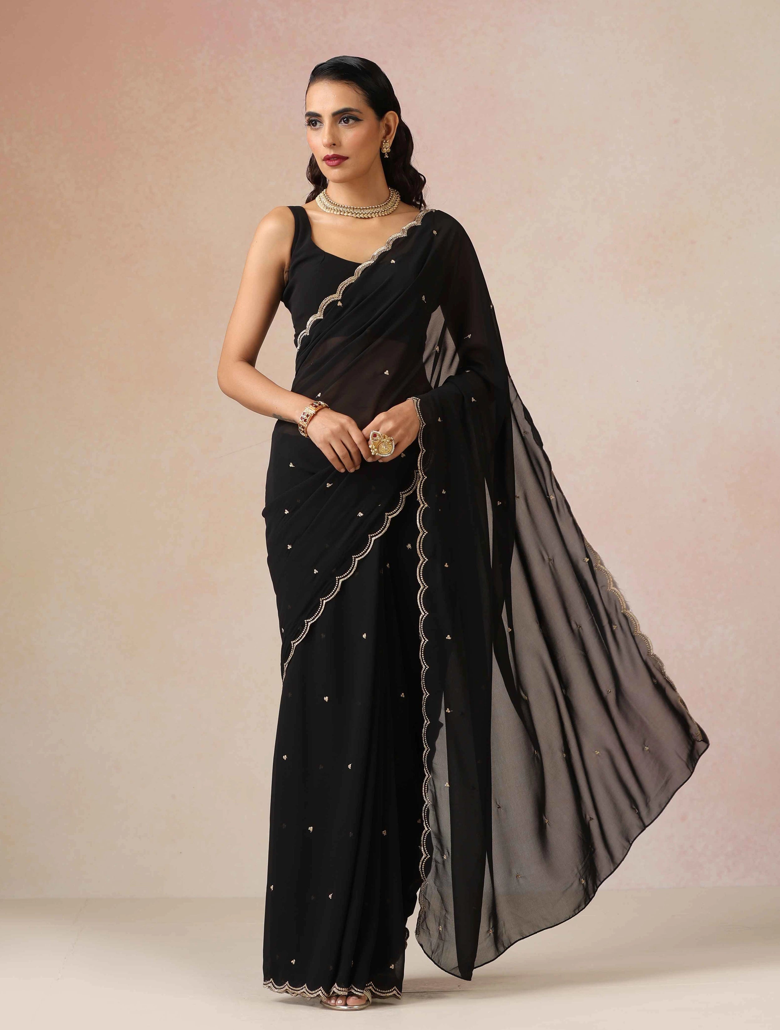 trueBrowns Black Georgette Embroidered Saree With unstitched Blouse
