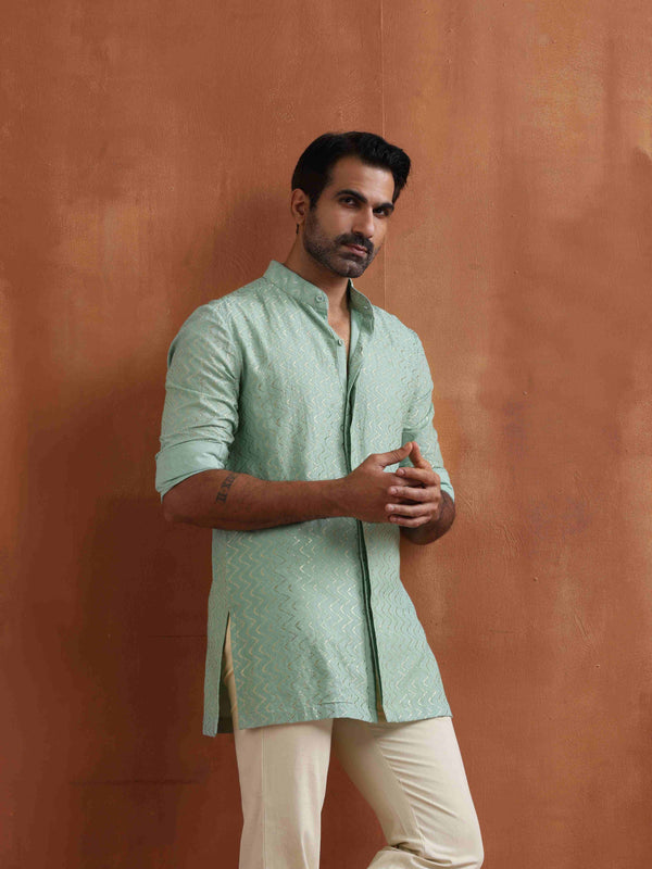 trueBrowns Men's Green Cotton Dobby Front Open Short Kurta