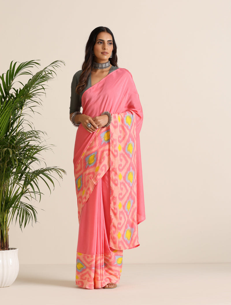 trueBrowns Pink Lime Muslin Ikat Saree