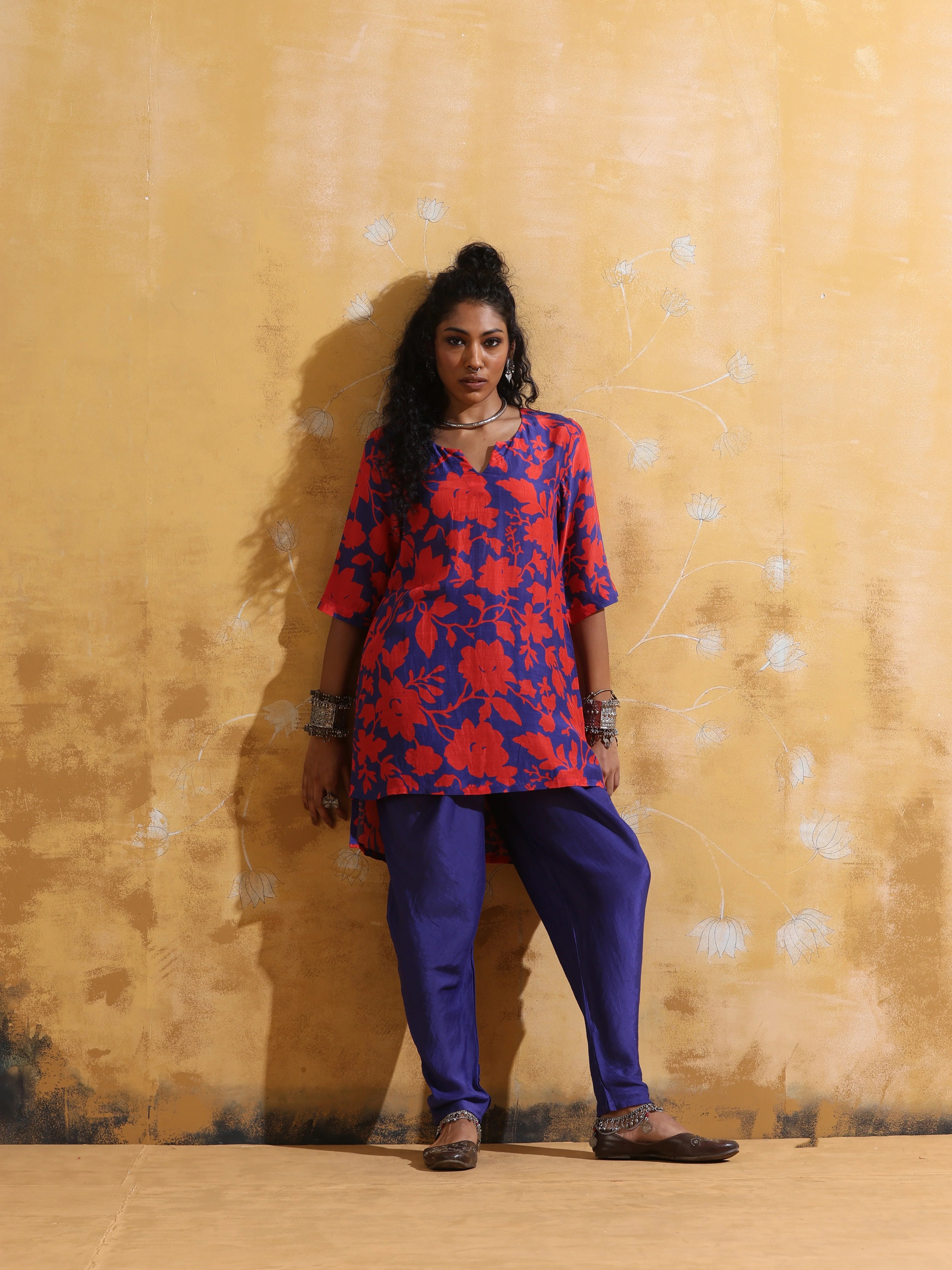 trueBrowns Purple Red Jaal Print Muslin Silk Dhoti Co-ord Set