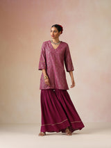 trueBrowns Magenta Gold Foil Print Muslin Silk Sharara Set