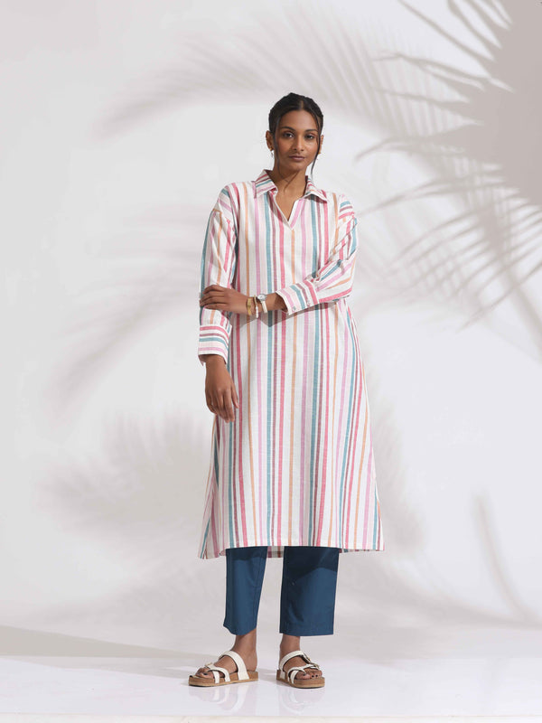 trueBrowns Off-White Cotton Multi Stripe A-line Kurta Set