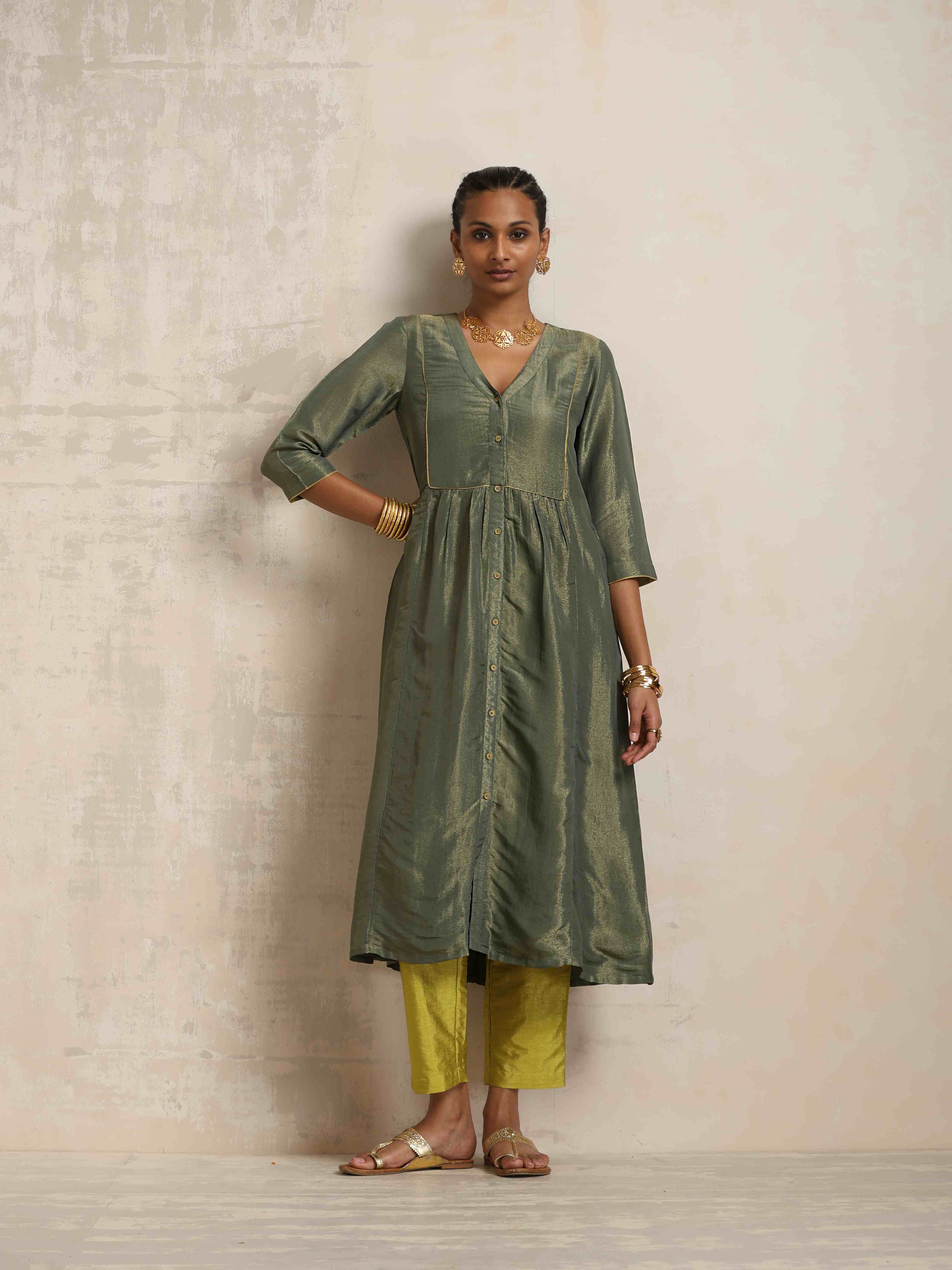 trueBrowns Green Tissue A-line Kurta Set