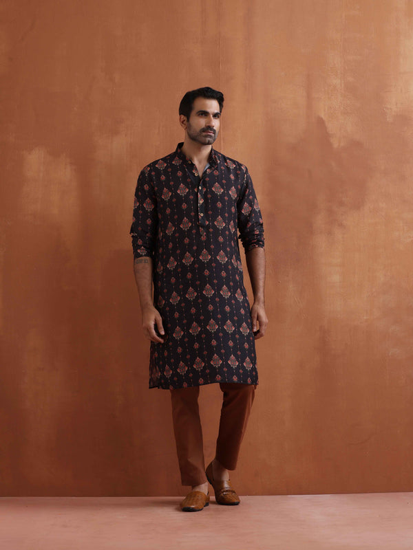 trueBrowns Men's Black Printed Kurta