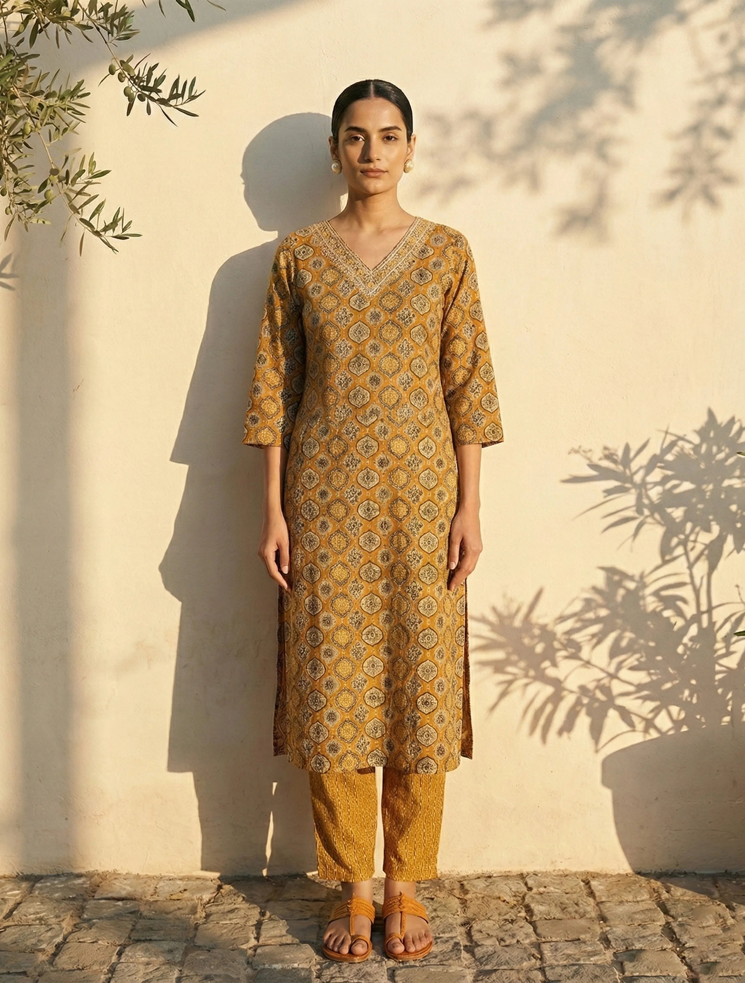 trueBrowns Mustard Print Embroidered  V-Neck Kurta Pant Dupatta Set