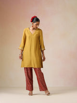 trueBrowns Mustard Gold Foil Print Muslin Silk Kurta Farsi Pants Set