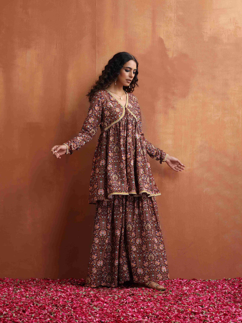 trueBrowns Brown Print Sharara Set