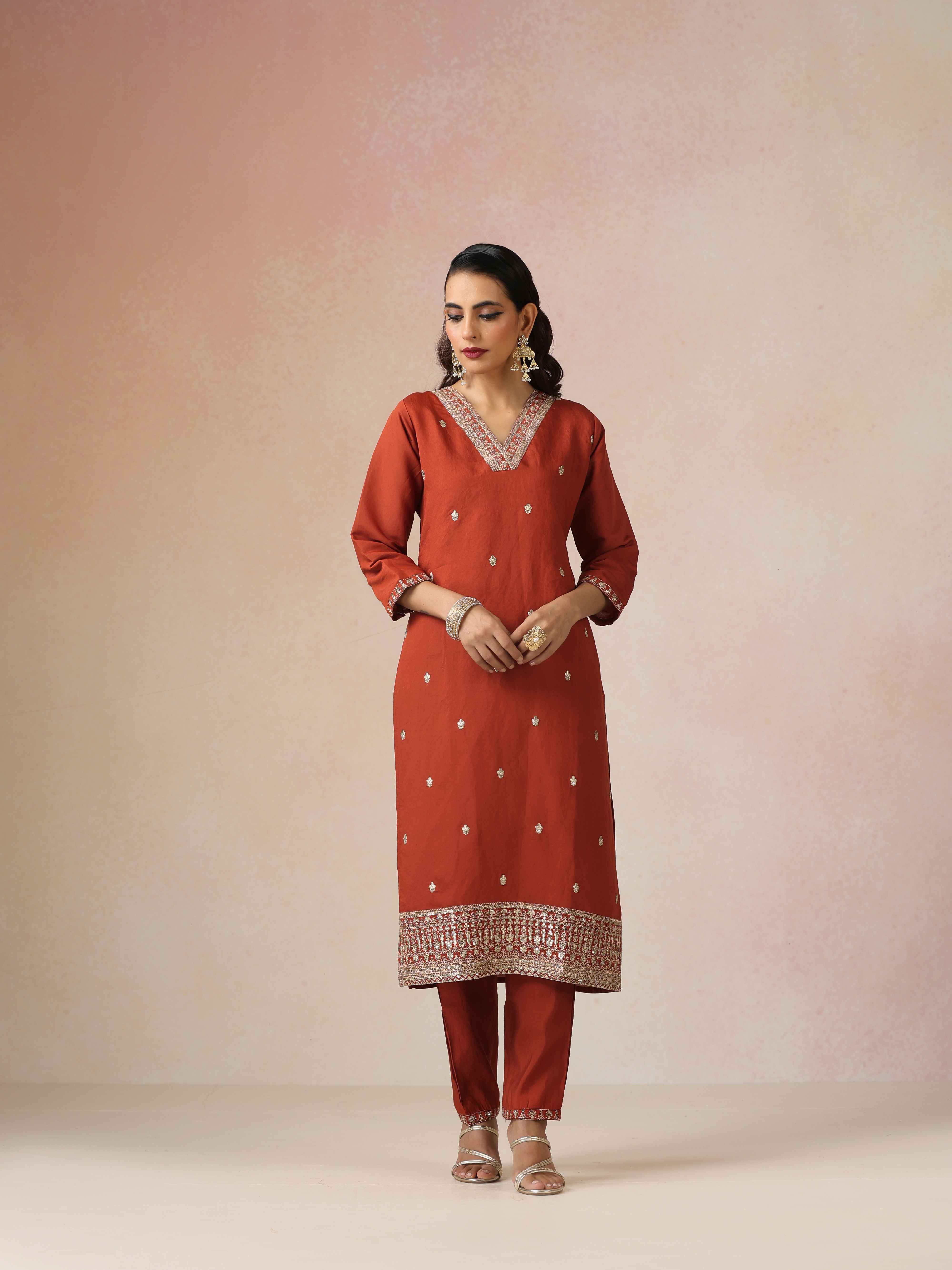trueBrowns Rust Zari Embroidered Straight Kurta 3pc Set