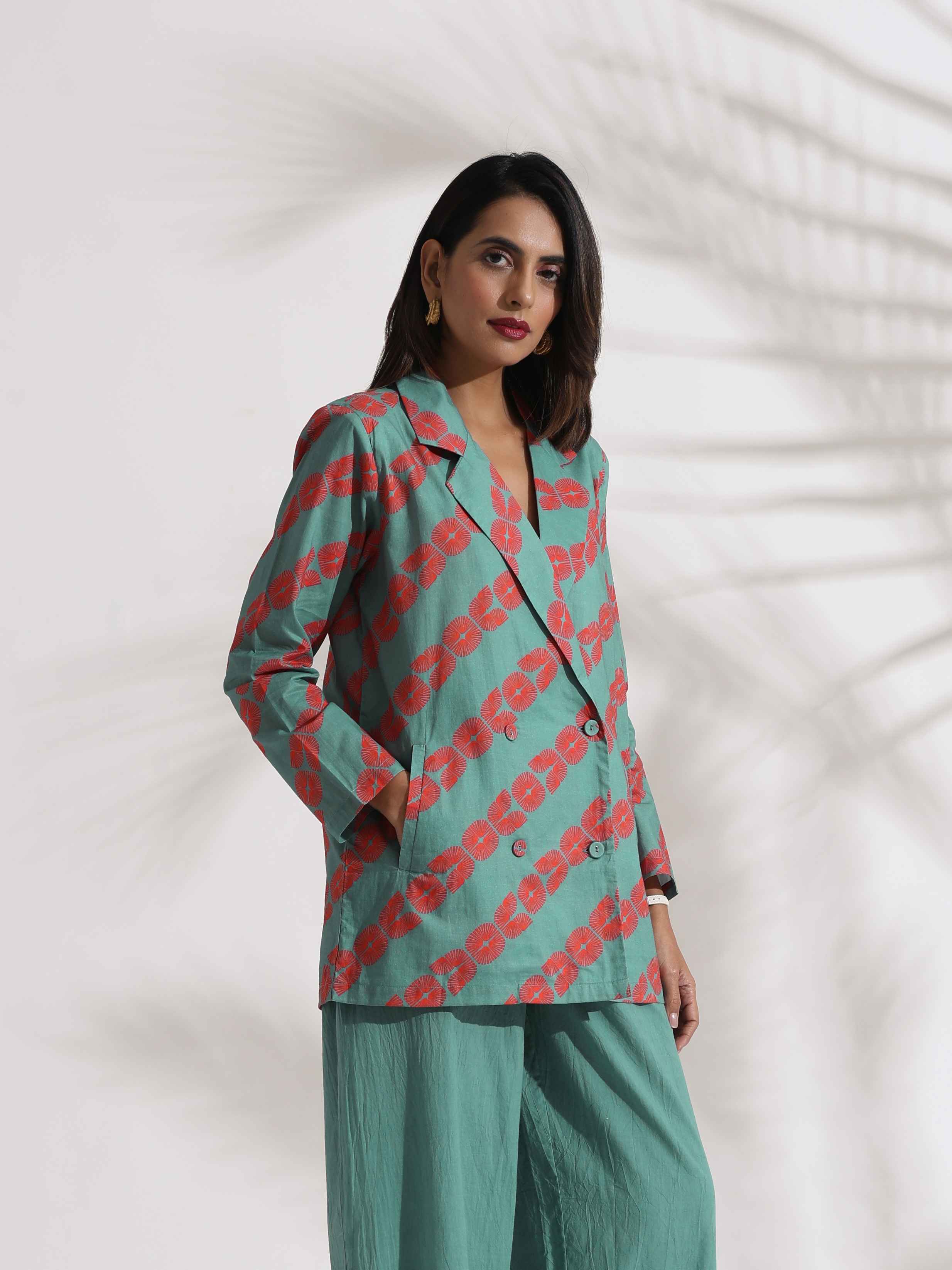 trueBrowns Green Cotton Print  Jacket Top Co-ord Set