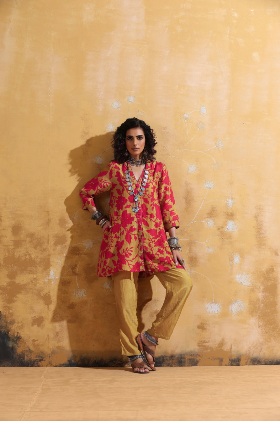 trueBrowns Red Mustard Jaal Print Muslin SIlk A-Line Co-ord Set