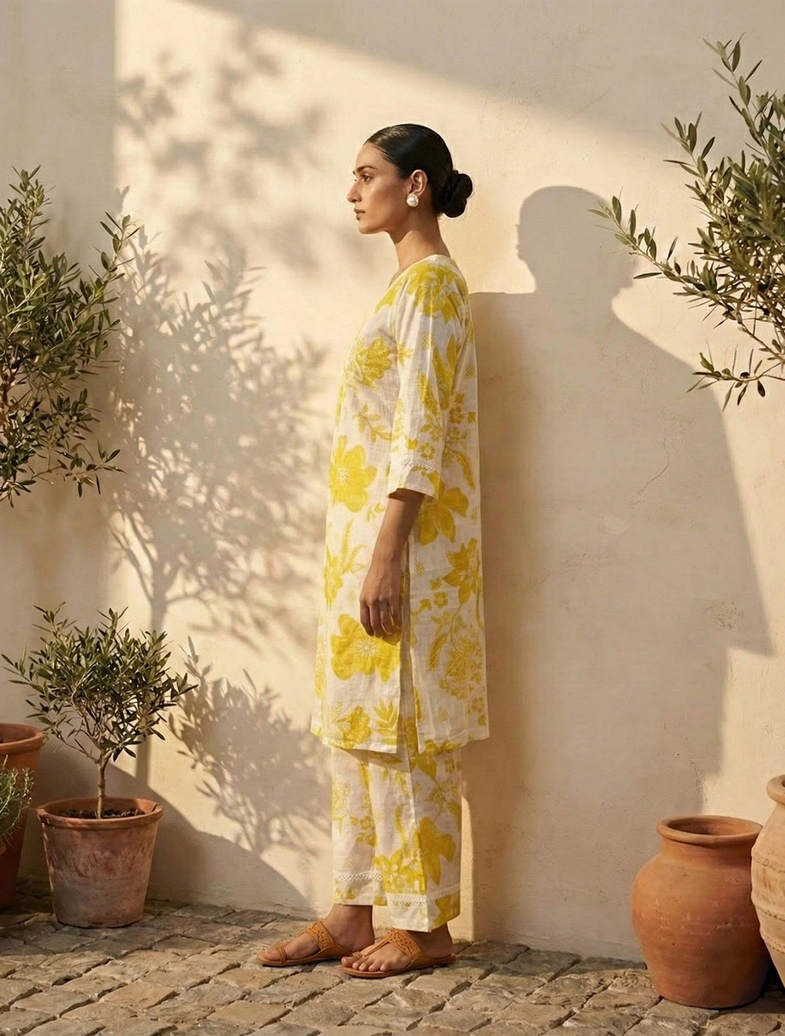 trueBrowns White Yellow Floral Print Kurta Pant Set