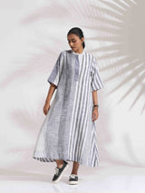 trueBrowns Off-White Cotton Multi Stripe Flared Dress