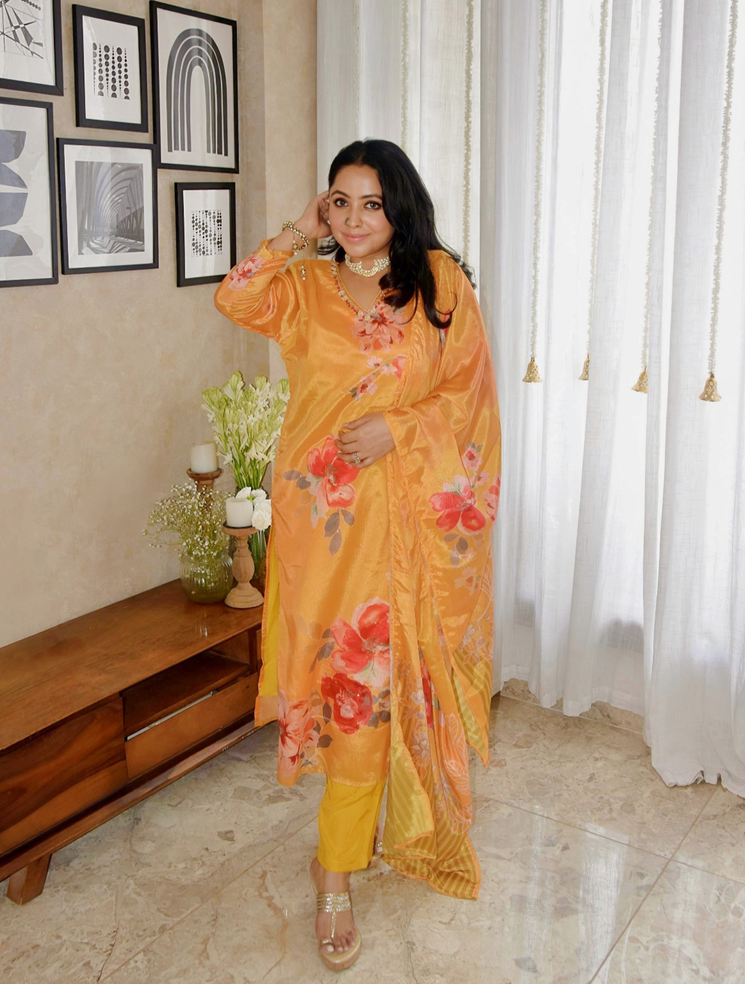 trueBrowns Yellow Floral V-Neck Emb Straight Kurta Pant Dupatta Set