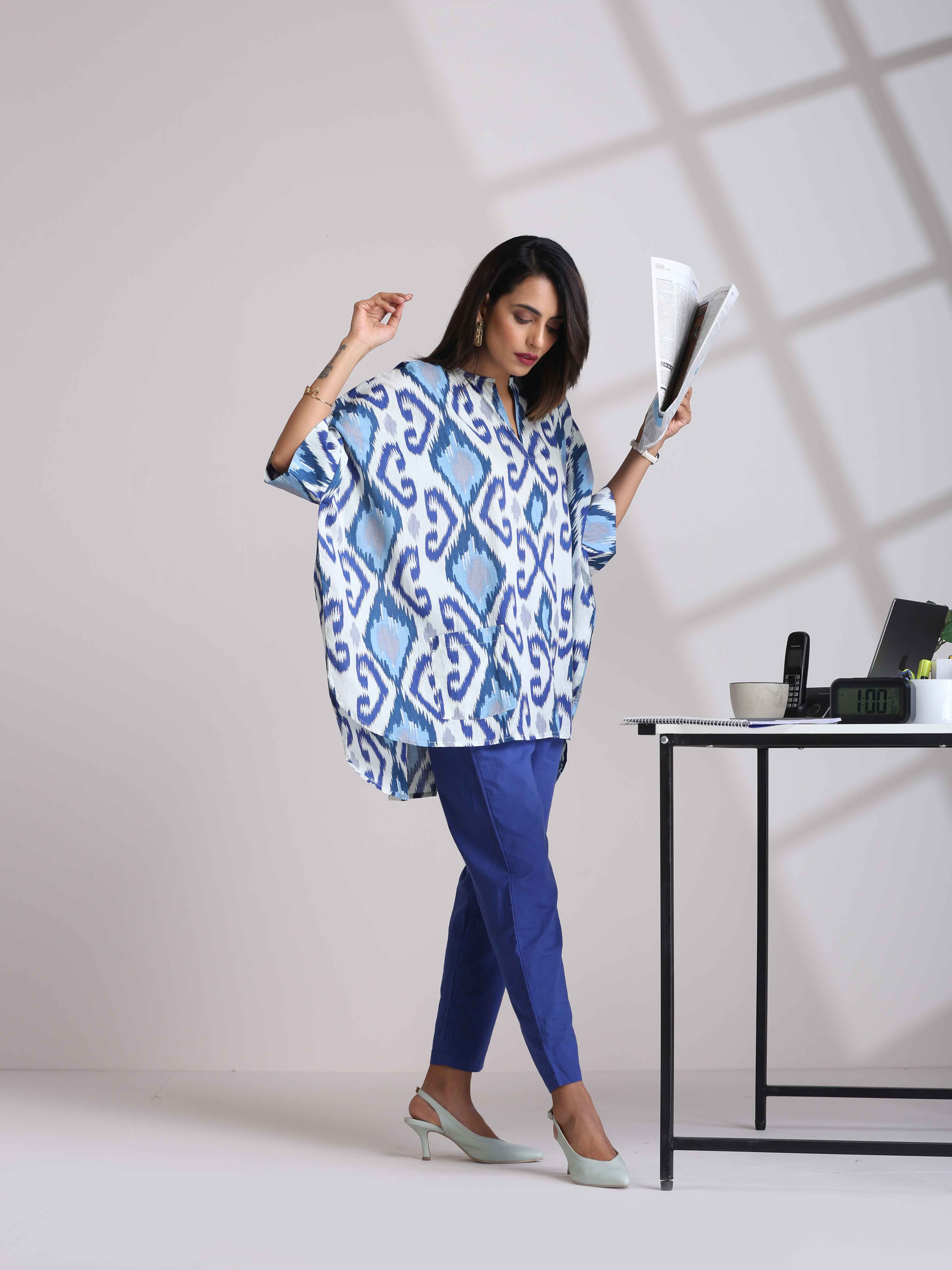 trueBrowns Blue Cotton Ikat Kaftan Co-ord Set