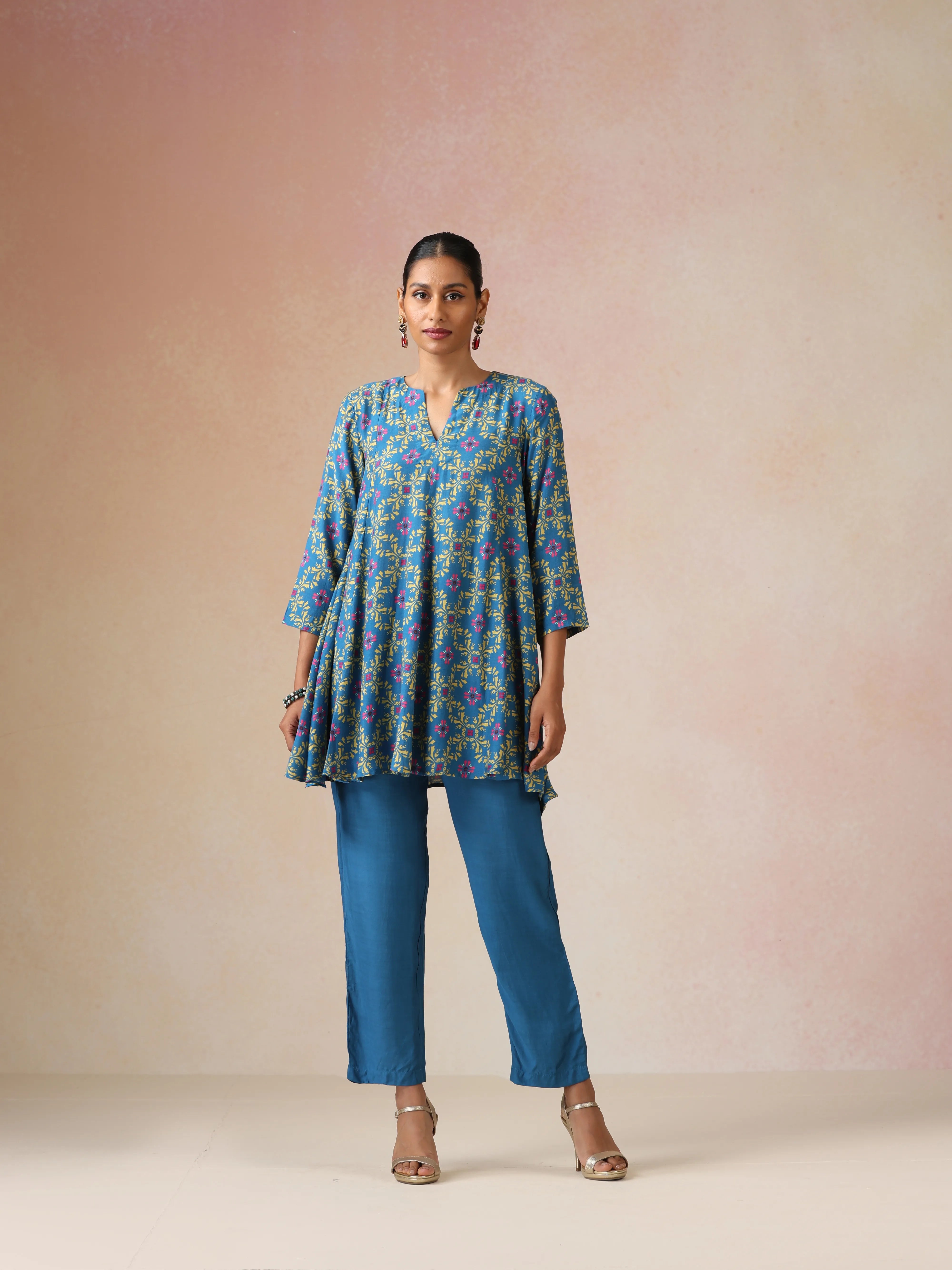 trueBrowns Blue Lime Jaal Print Viscose Flared Co-ord Set